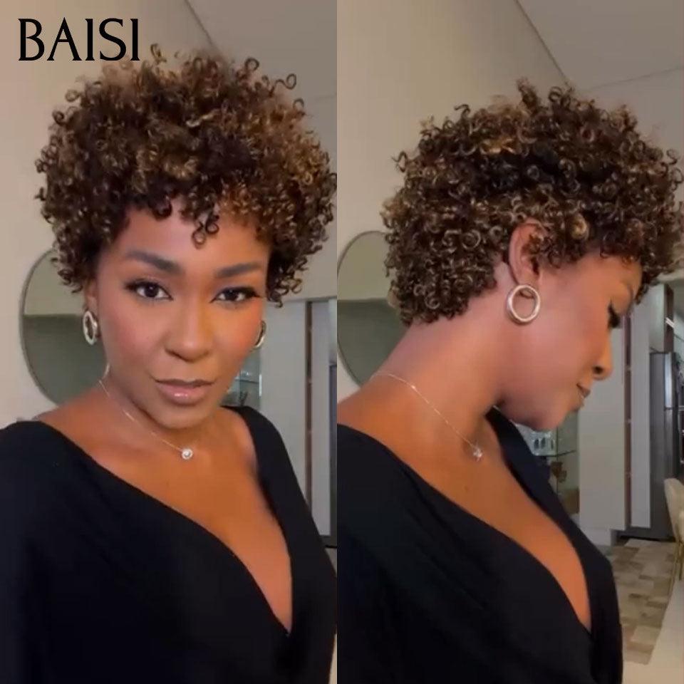 BAISI Perruque Pixie Afro curly en couleur noir mix miel 68€ sans colle sans lace  100% Cheveux Humains Fabriqué à la Machine BS60