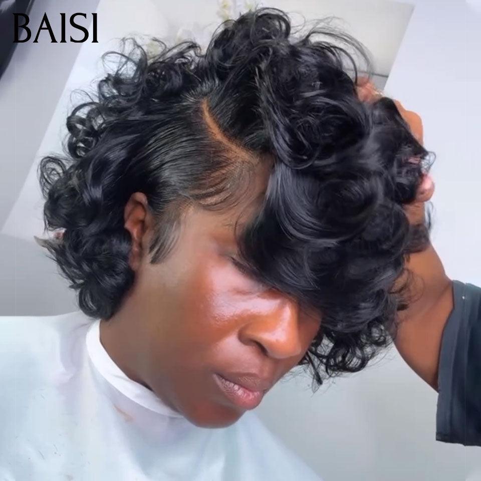 BAISI Perruque 13x4 lace frontal pixie curly ou 4X4 lace bob Curly 8 Pouces Raie sur le côté 1B# 86€ en 100% Cheveux Humains
