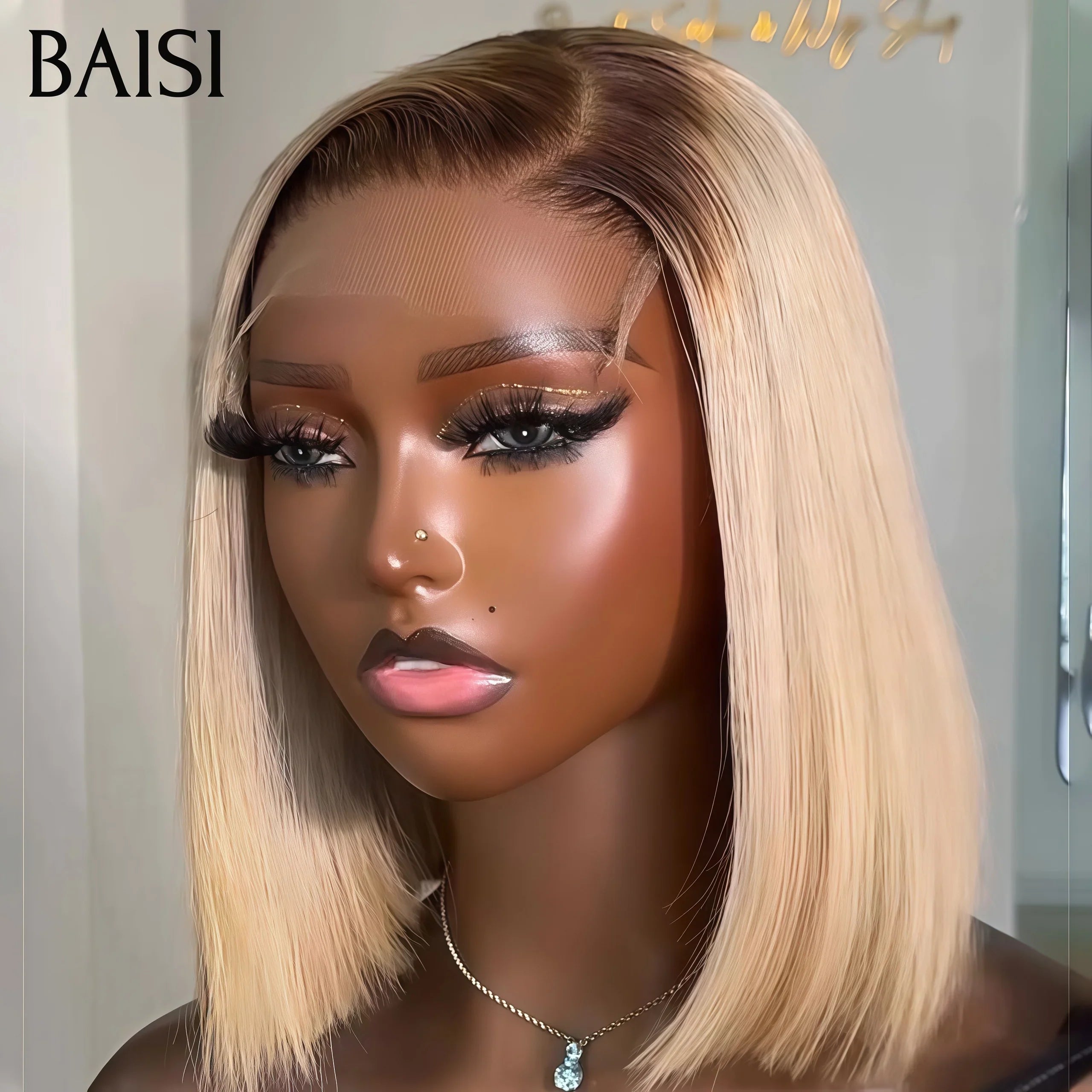 BAISI 13X4 lace Perruque Lisse Couleurs personnalisées 4T613# blonde en 100% Cheveux Humains