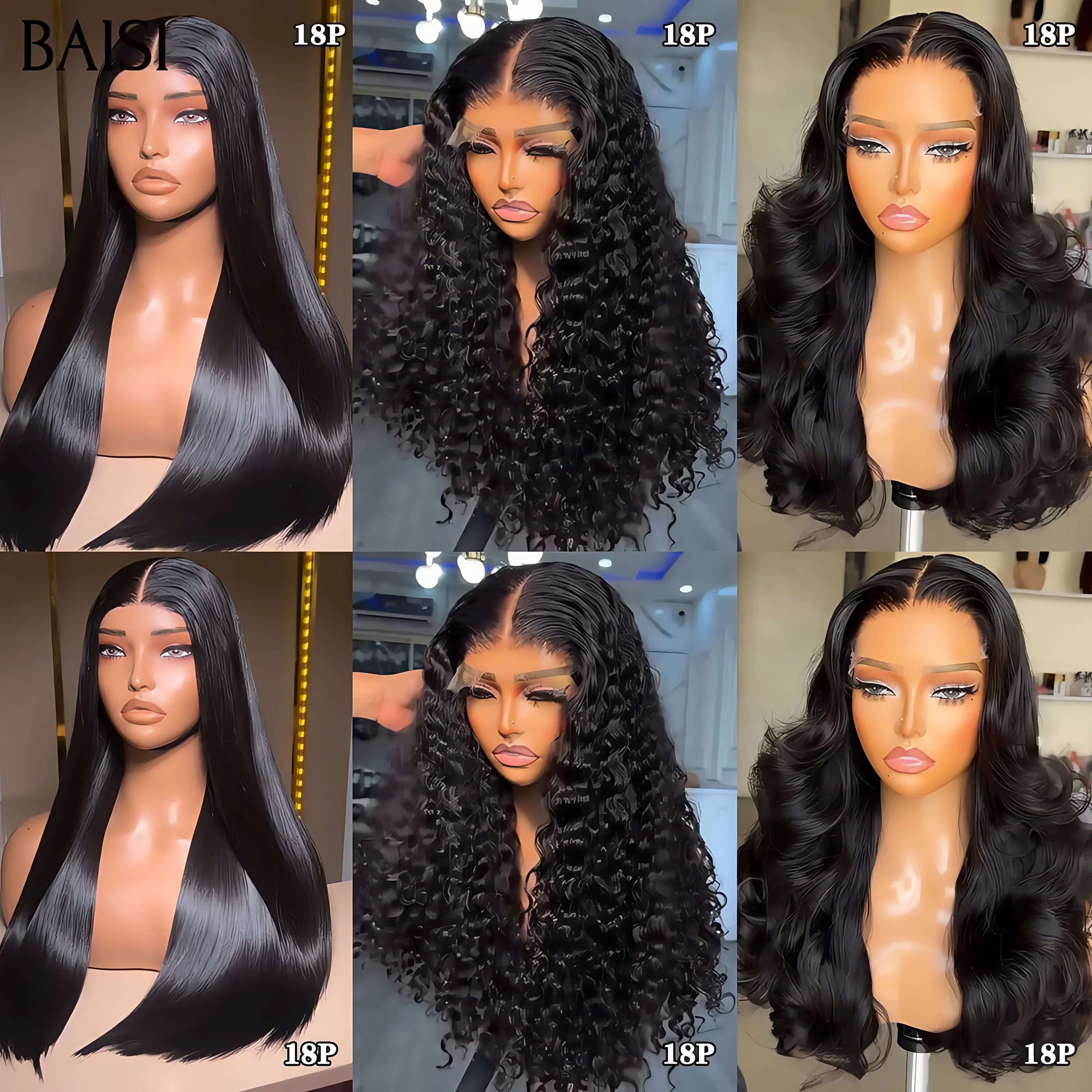 BAISI Lot de 3 perruques PROMOTION 259€ 4X4 lace closure 18 Pouces curly wave et body wave et lisse NOIR en 100% vrais cheveux humains