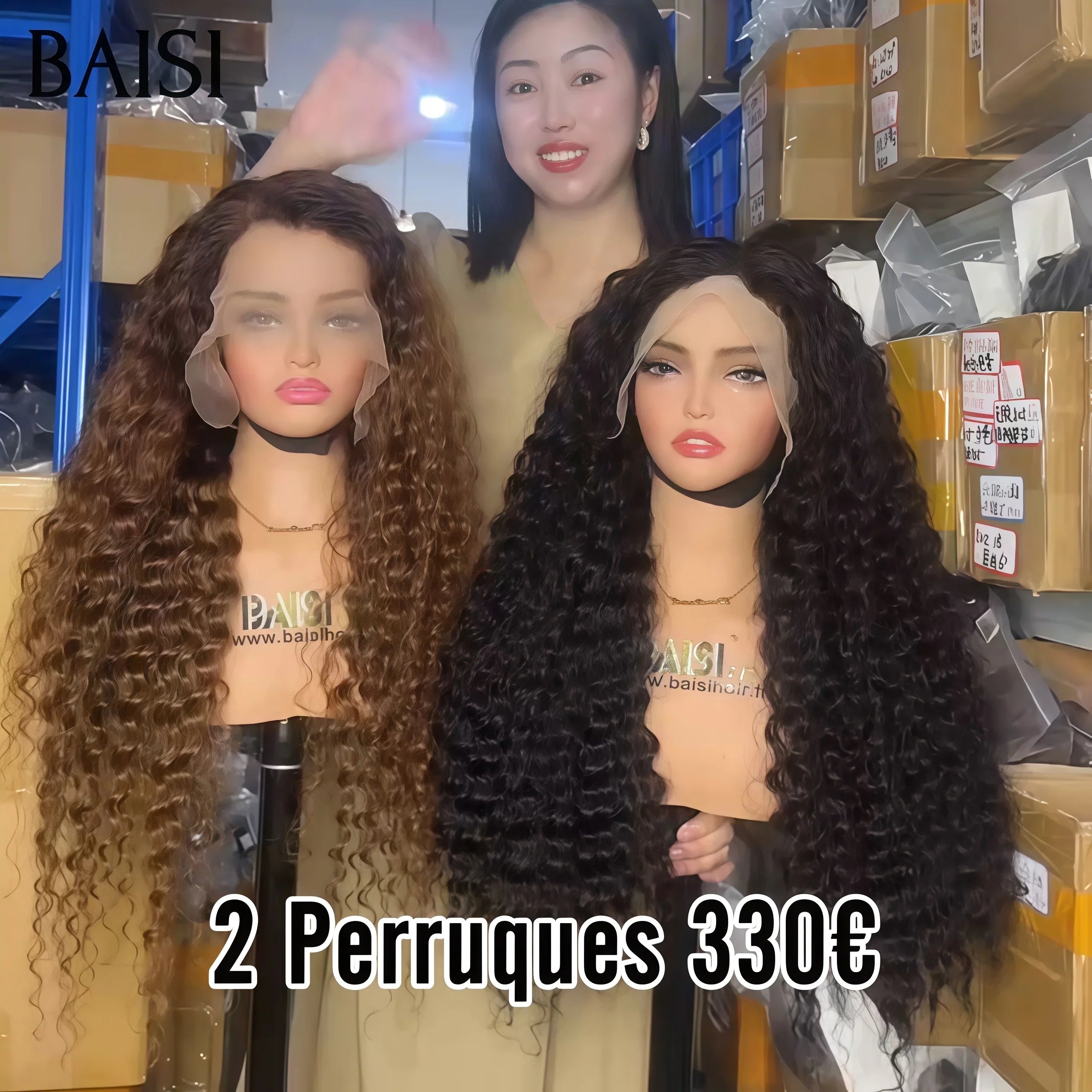 BAISI Lot de 2 perruques PROMOTION 330€ 13X4 lace deep wave 24 Pouces en couleur Mixte ou NOIR en 100% vrais cheveux humains FR38