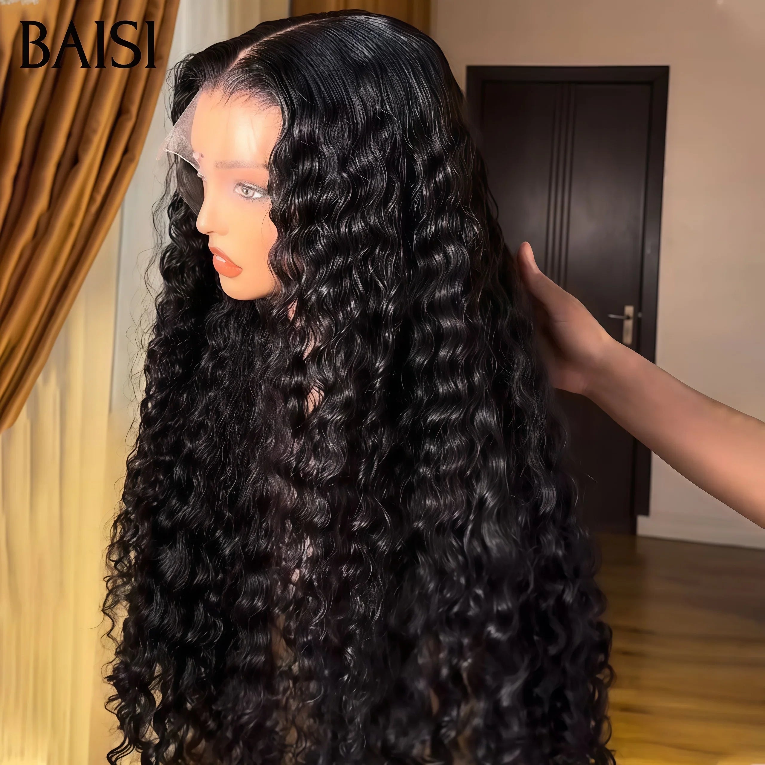 BAISI  13X4 lace frontal Perruques pour revendre long deep wave couleur NOIR en 100% vrais cheveux humains