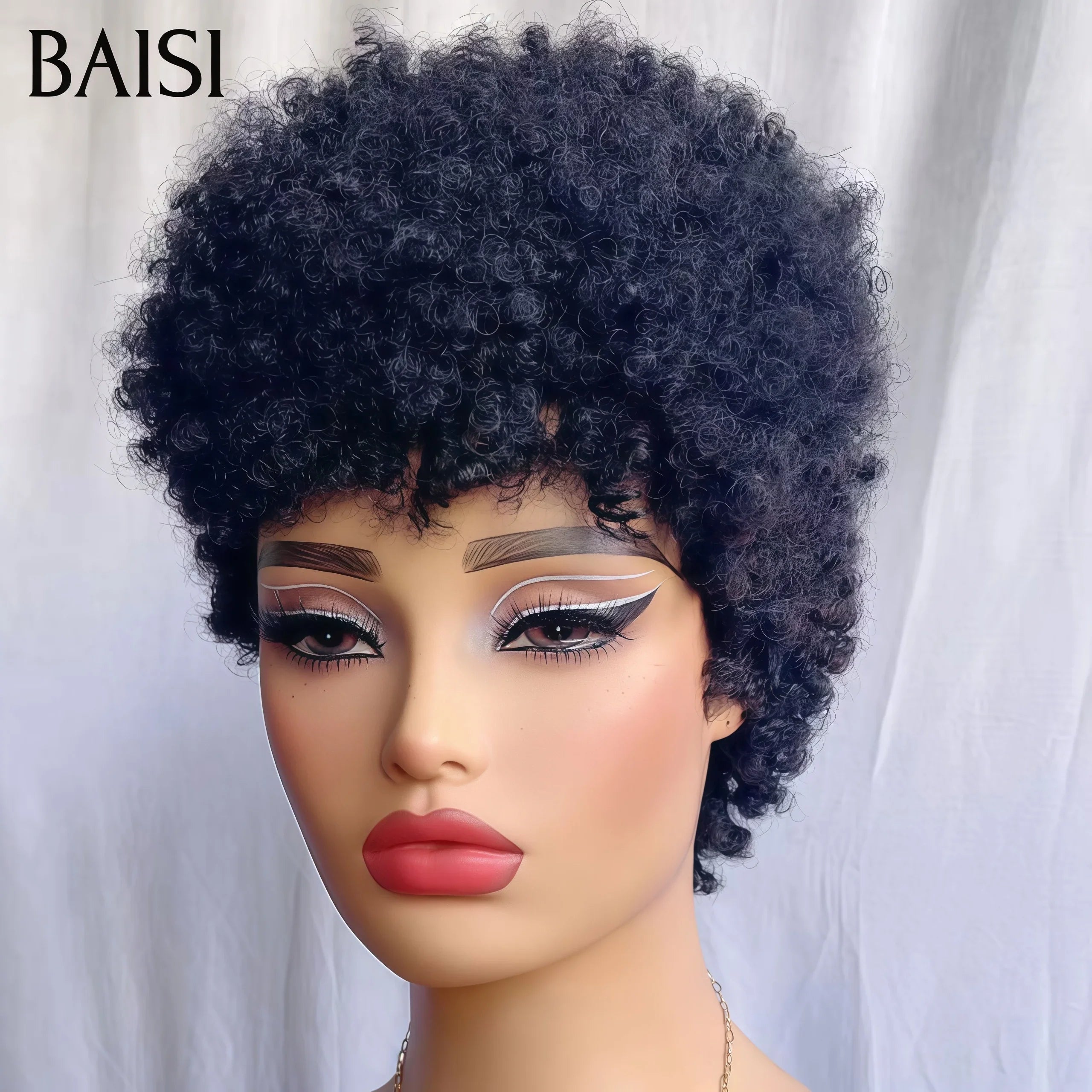 BAISI pixie afro curly 59€ Moitié Prix Nouvelle personnalisation 200% densité noir sans lace en 100% Cheveux Humains fabriqué à la machine MP50