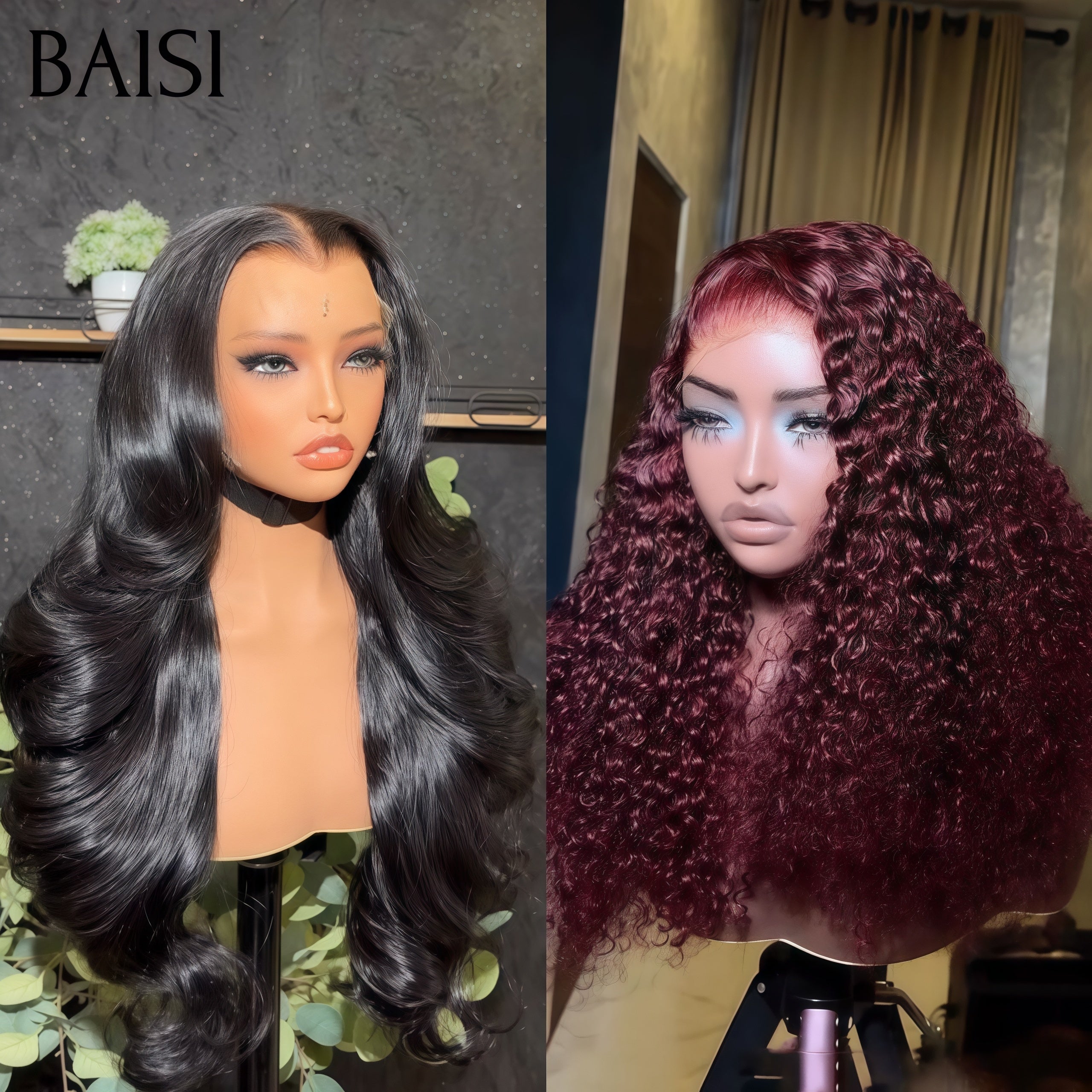 BAISI  2 perruques 180€ 13x4 lace frontal Body wave NOIR et curly wave Bordeaux ou 2 Perruques pour revendre 109€ 13X4 lace pixie Lisse 6 pouces couleur 99J# et 1BT4# en 100% vrais cheveux humains FR40