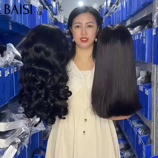 BAISI Lot de 2 perruques 178€ 13X4 lace frontal 14 Pouces Lisse NOIR ou 13X4 lace frontal egg wave en 100% vrais cheveux humains