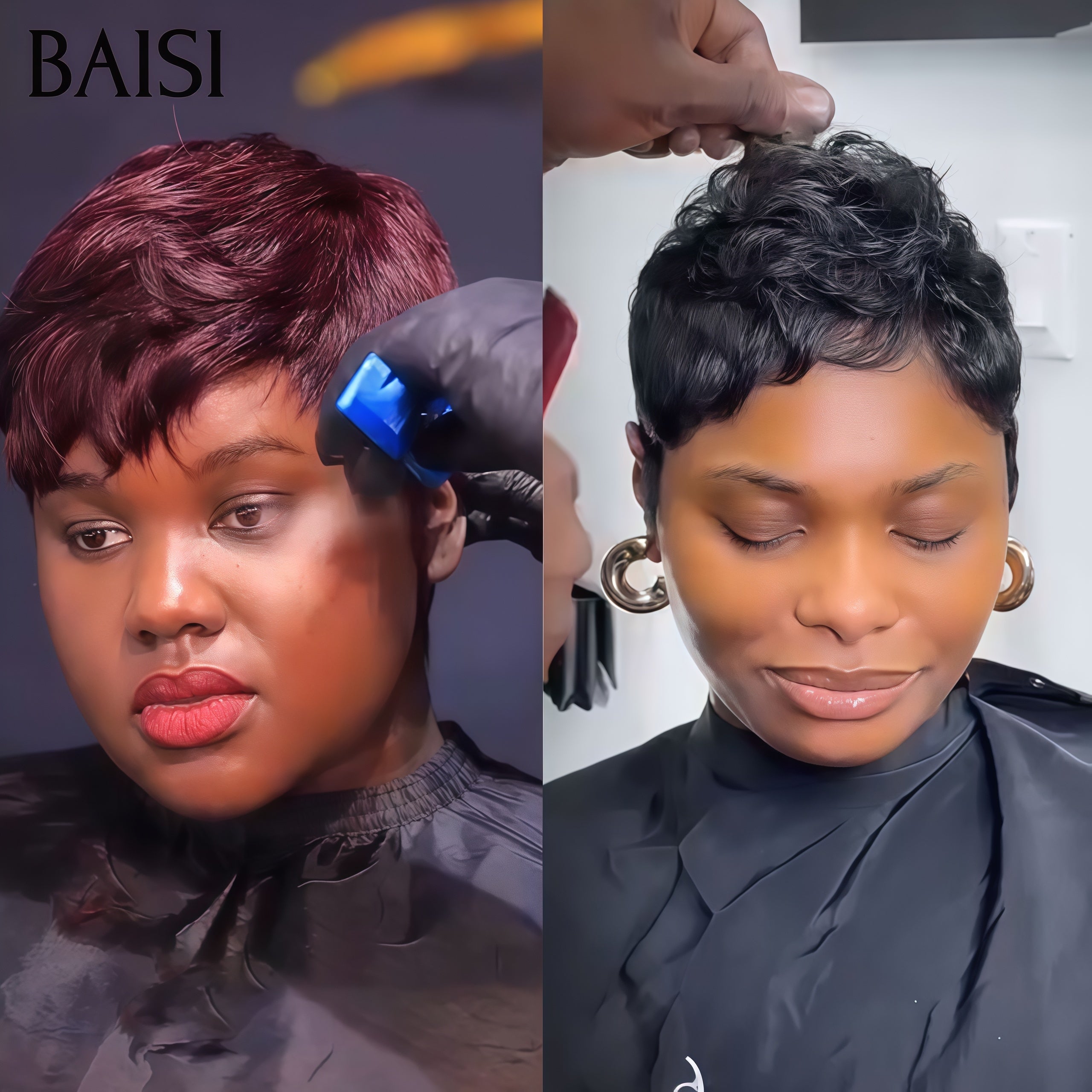 BAISI 2 Perucas = 55€ pixie sem cola Bordeaux e preto ou perucas frontais de 2 cores 246€ em 100% cabelo humano verdadeiro