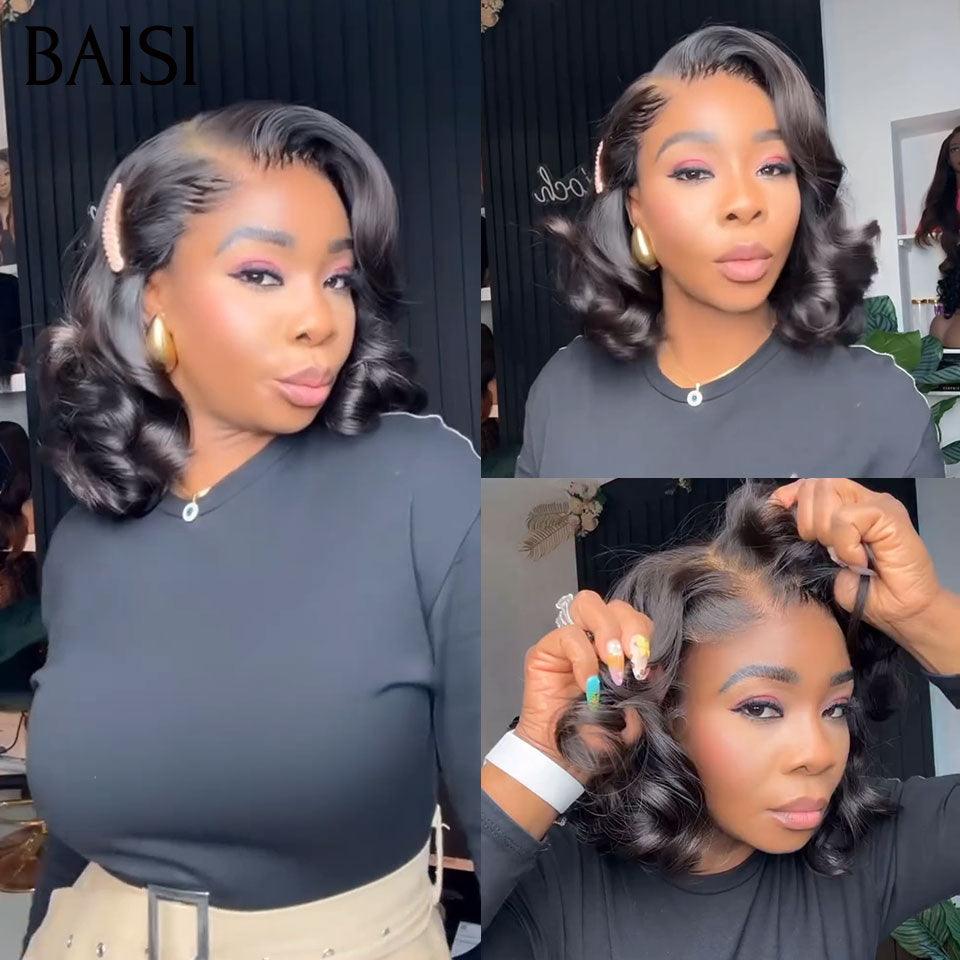 BAISI  2 Perruques pour revendre 188€ 4X4 bob water wave 14 pouces et egg wave 10 Poucesen couleur NOIR en 100% vrais cheveux humains BS60