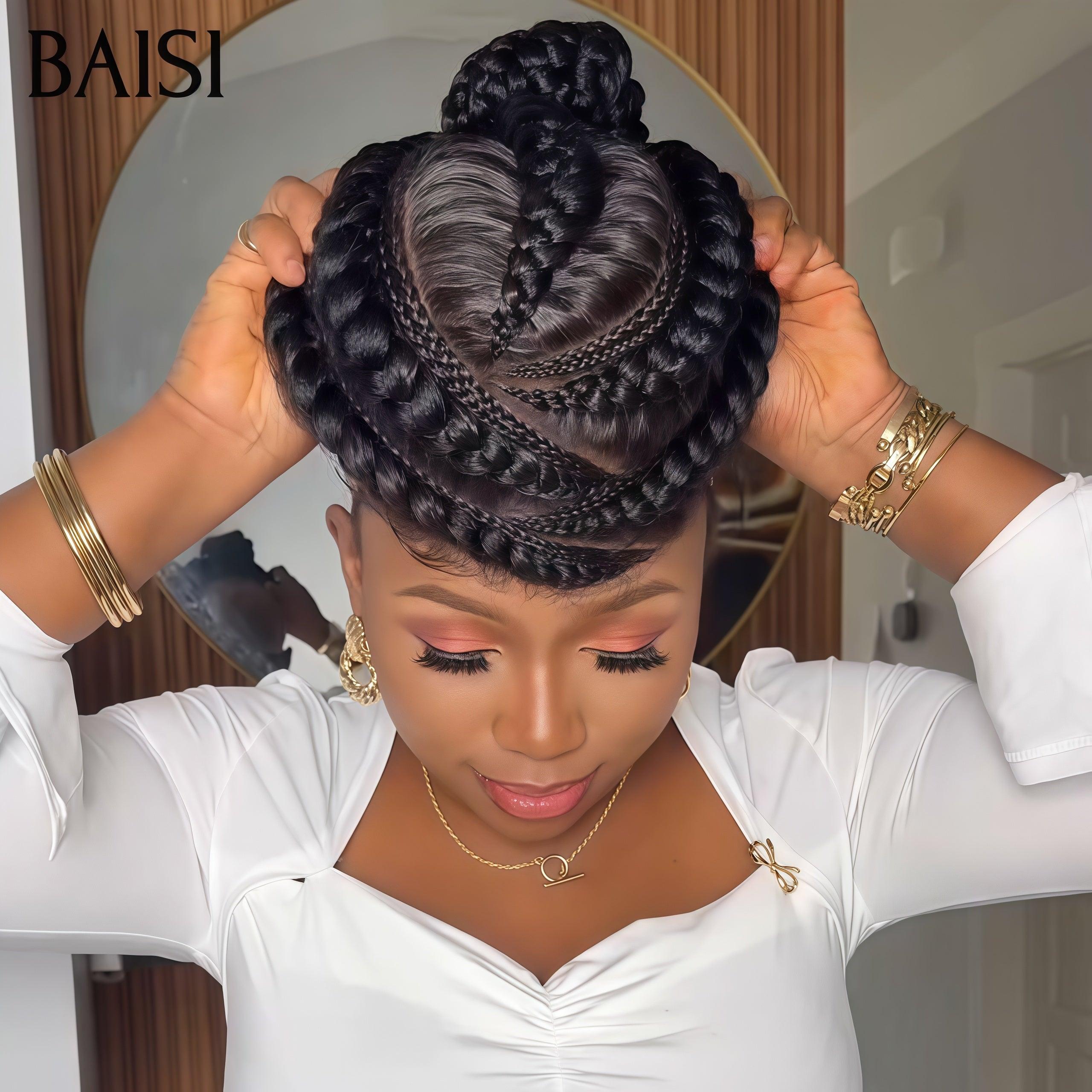 BAISI Perruque Full Lace style tresses regroupées en chignon 100% Cheveux Naturels Full lace perruque Petite natte en Couleur NOIR Coiffure Chignion 100% Comme la video 100% cheveux humains