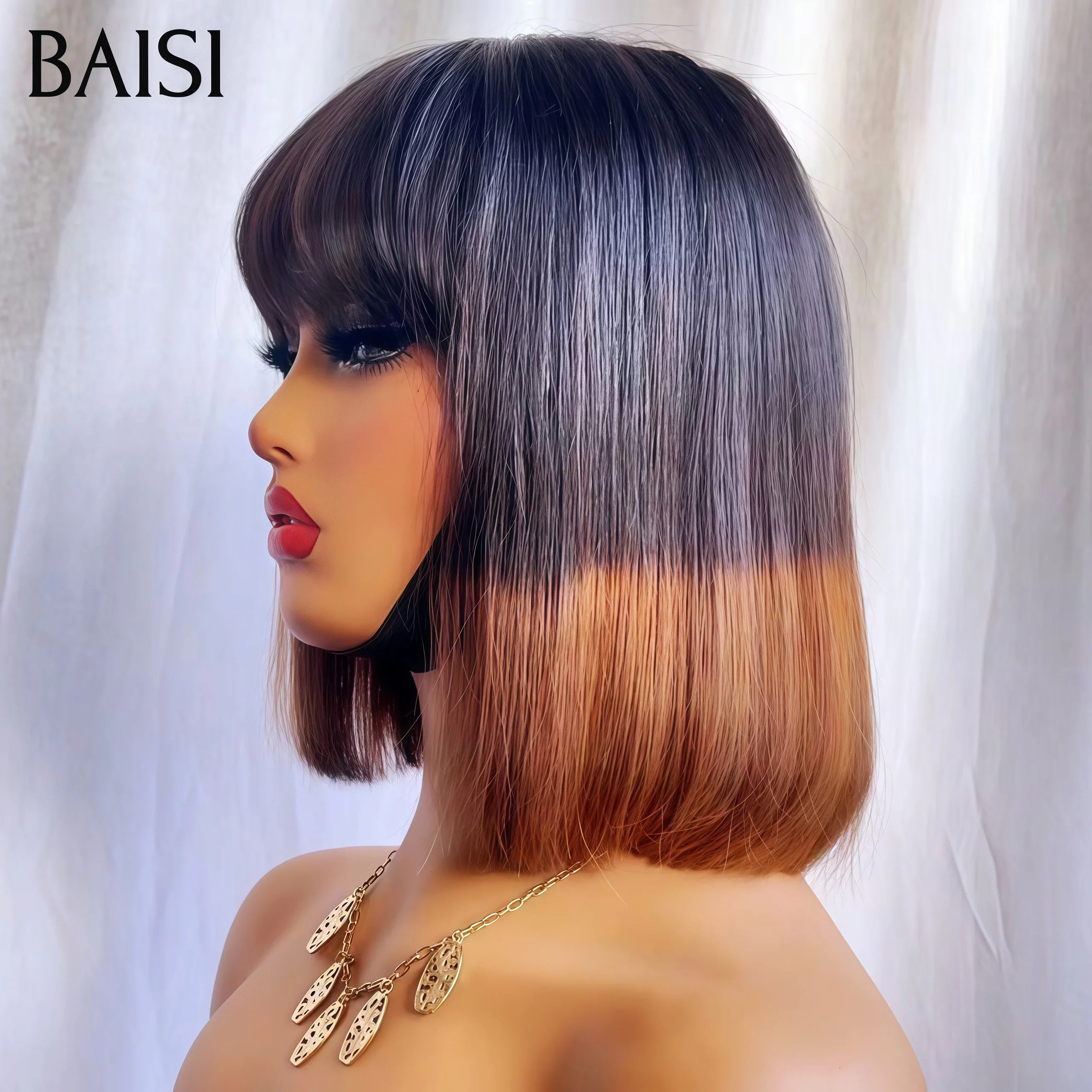 BAISI  Lisse BOB avec Frange 78€ Personnalisation des couleurs Marron avec racine 1BT4# en 100% vrais cheveux humains FR38