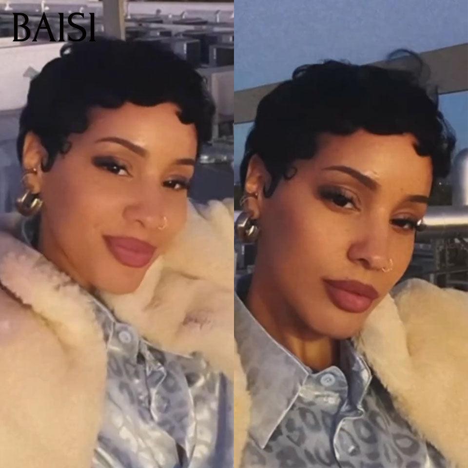 BAISI Femme VIP Peruca Pixie ondulada em renda 13x4, preta, 71€ Sem Cola, finger wave 61€, 100% Cabelo Humano