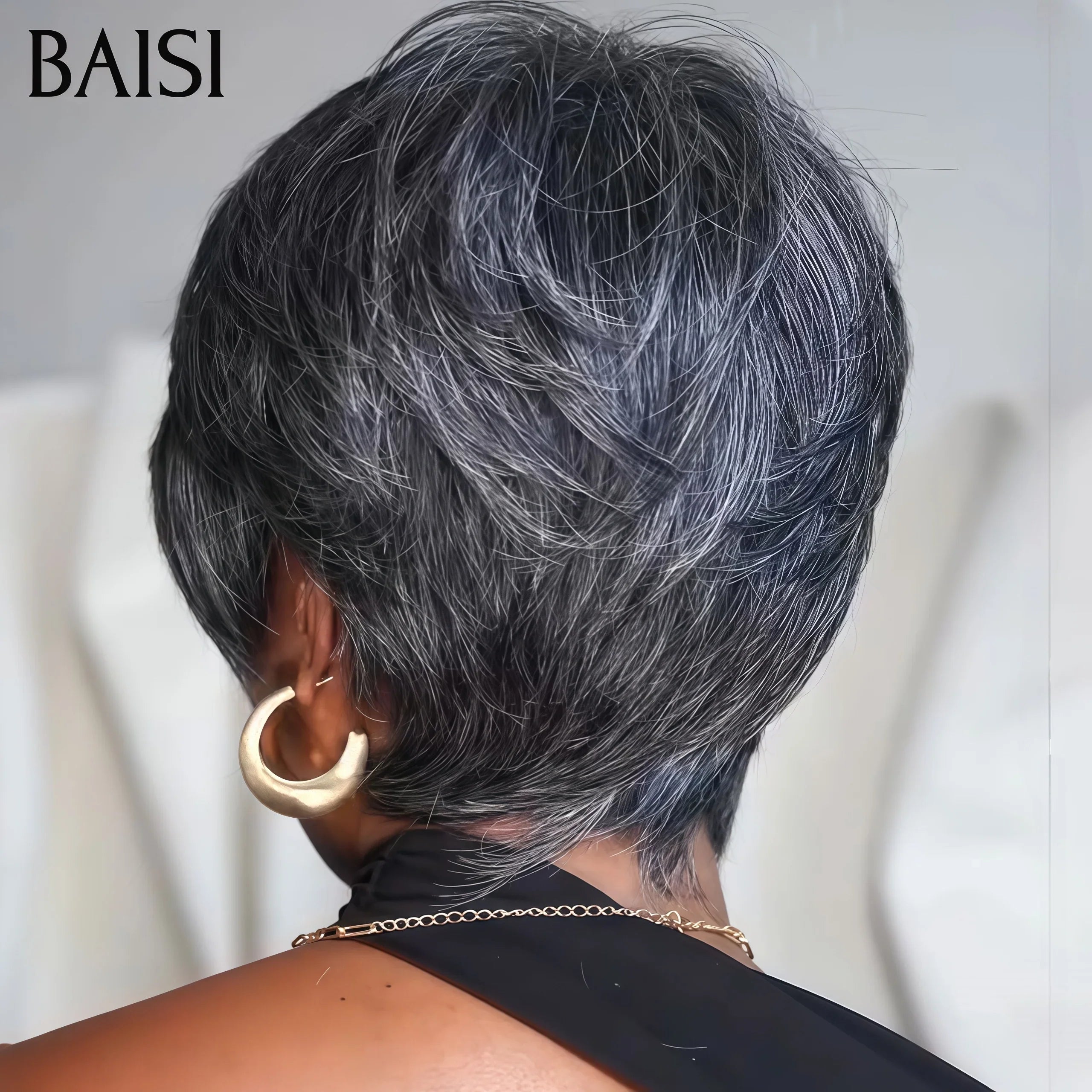 BAISI Collection Perruques Poivre et Sel pixie Lisse Gris naturelle style parisien intemporel sans colle en 100% Cheveux Humains BS30