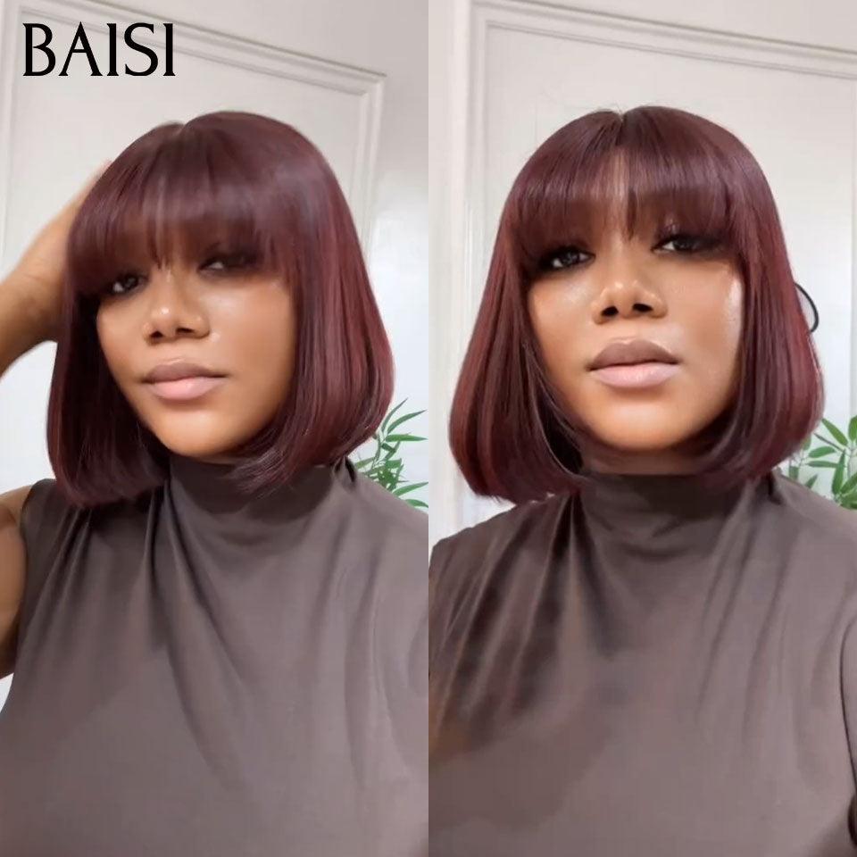 BAISI parrucca Bob liscia con frangia in 3 colori Bordeaux unisex NERO o Arancione o 99J# a metà prezzo in 24H 76€ in 100% capelli umani