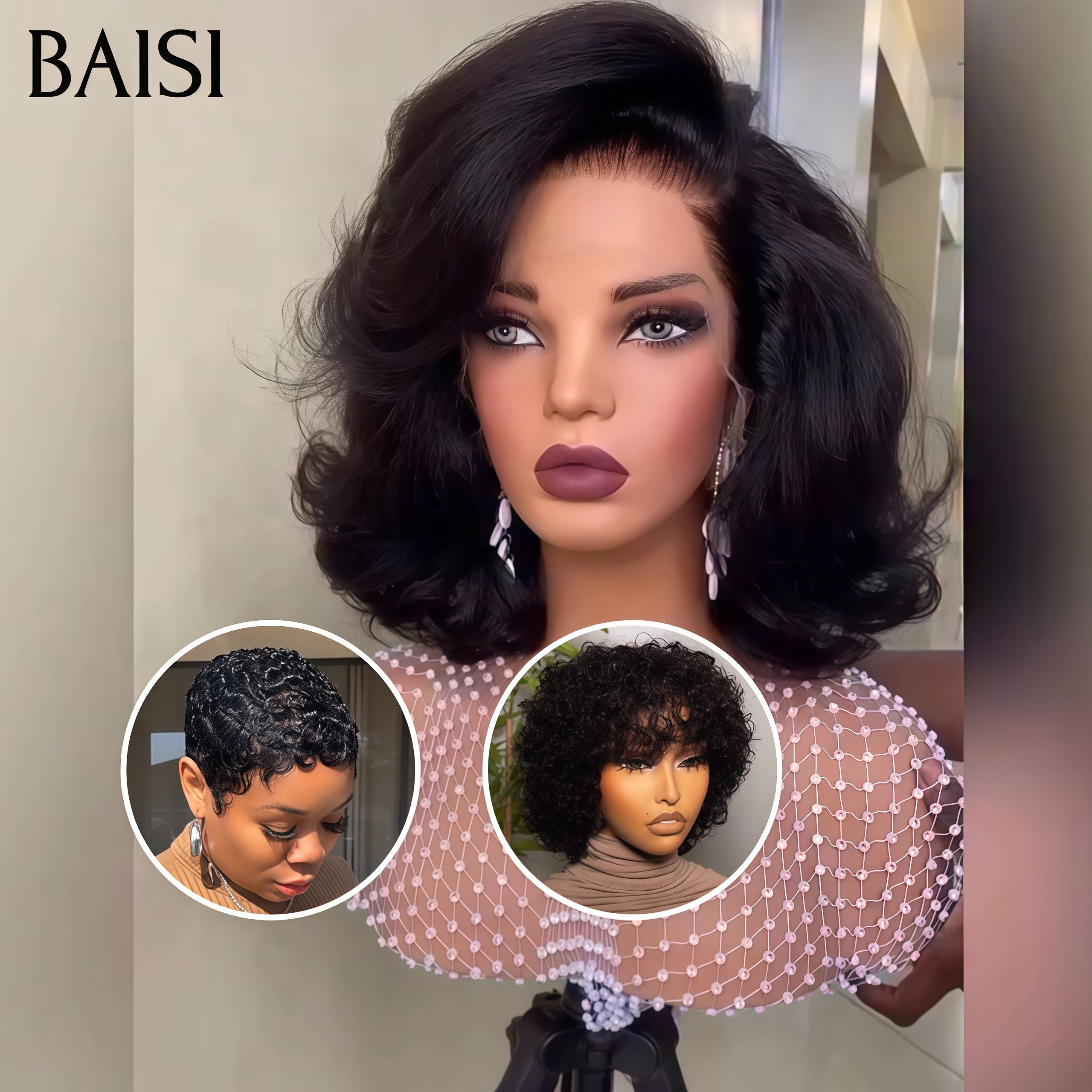 BAISI  Perruque conbinée Achetez 2 + 1 Gratuite = 105€ 13x4 lace Bouclée wave BOB et 2 pixie NOIR en 100% cheveux humains
