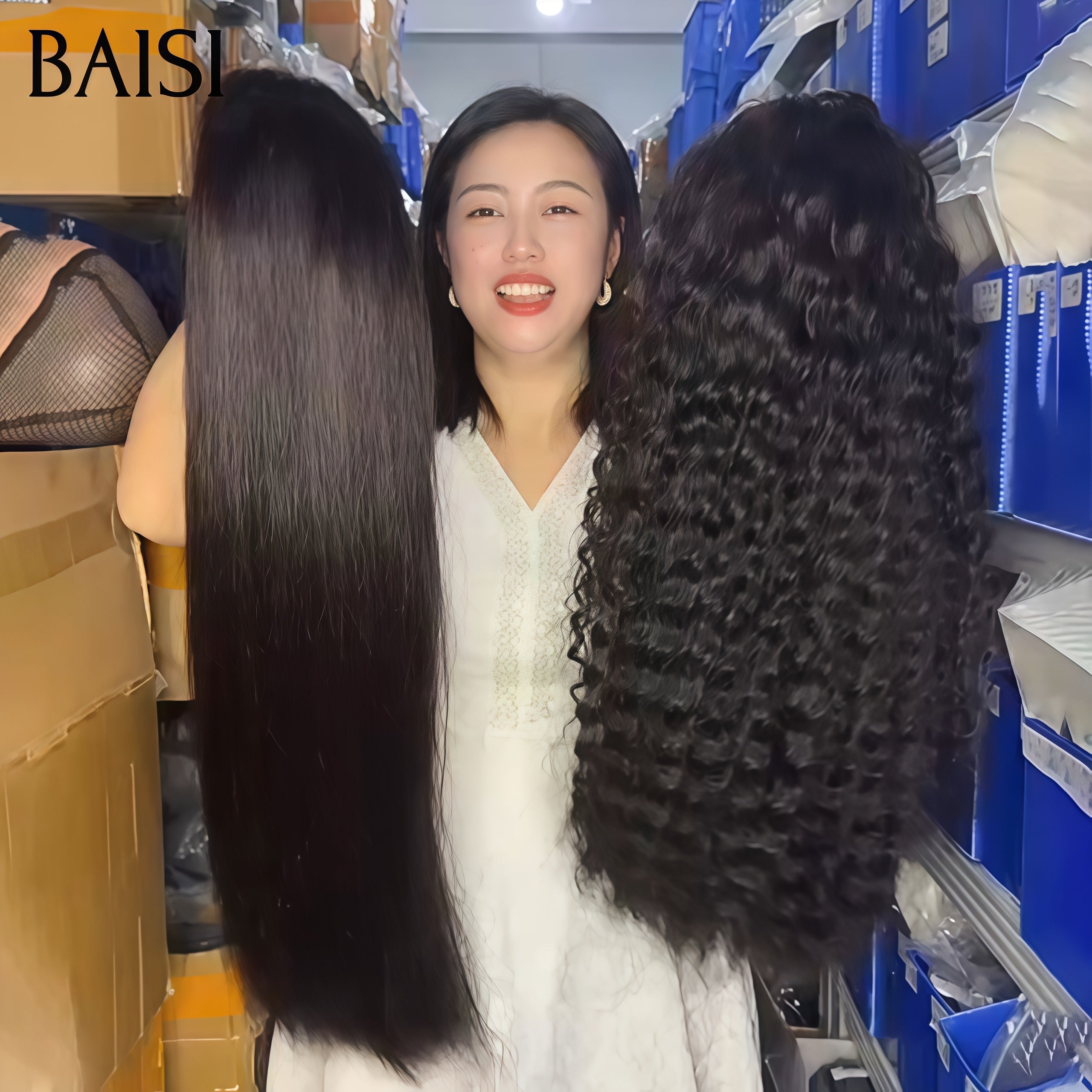 BAISI Lot de 2 perruques PROMOTION  13X4 lace frontal 28 Pouces curly wave et lisse  NOIR en 100% vrais cheveux humains