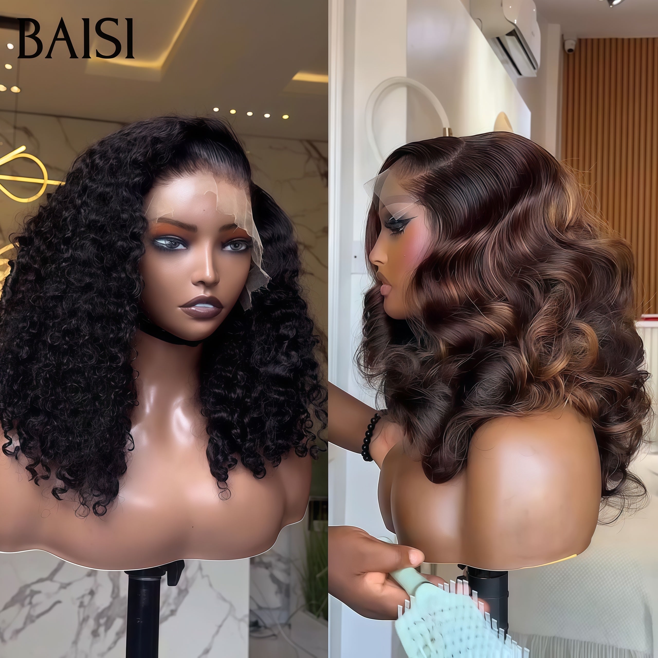 BAISI Compra 1 + 1 Gratis = 159€ Parrucca 13x4 frontale in pizzo riccia onda 16 Pollici e 5x5 in pizzo egg wave 12 Pollici in 100% capelli umani veri