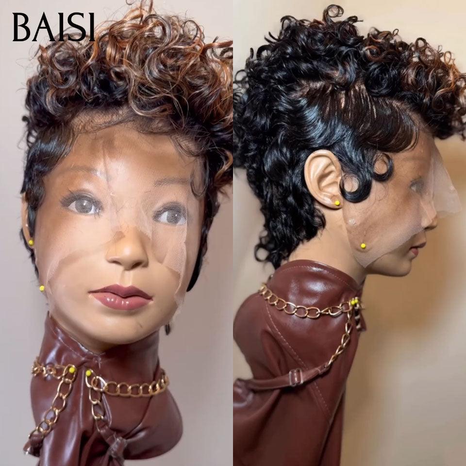 BAISI  13X4 lace Perruque Pixie vague Coiffure 6 Pouces curly wave Couleurs personnalisées  noir mix marron 139€ en 100% Cheveux Humains FR38