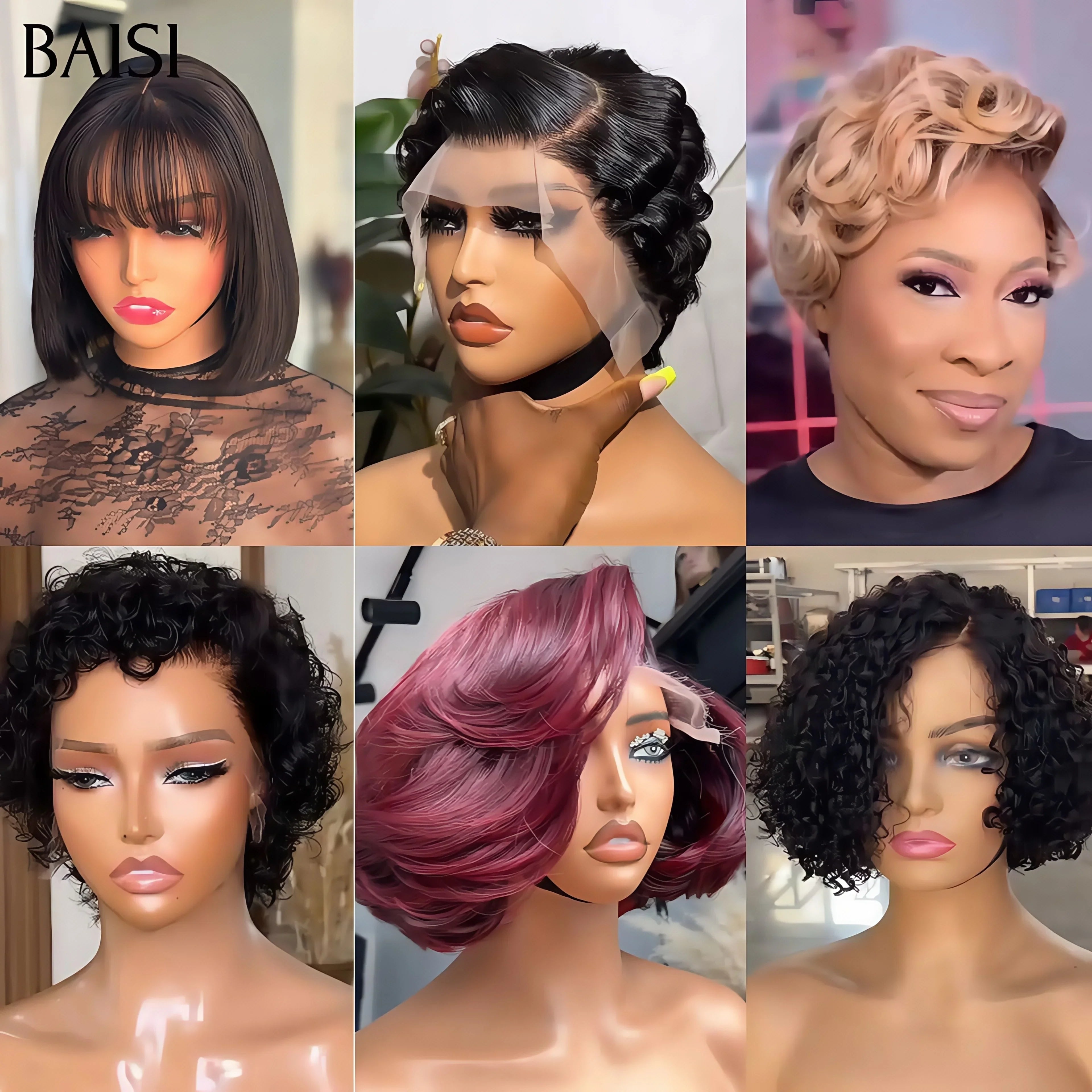 BAISI Lot de 6 perruques Flash Offer 180€ Ventes En Gros 6 styles de perruques différents et Différentes couleurs en 100% vrais cheveux humains