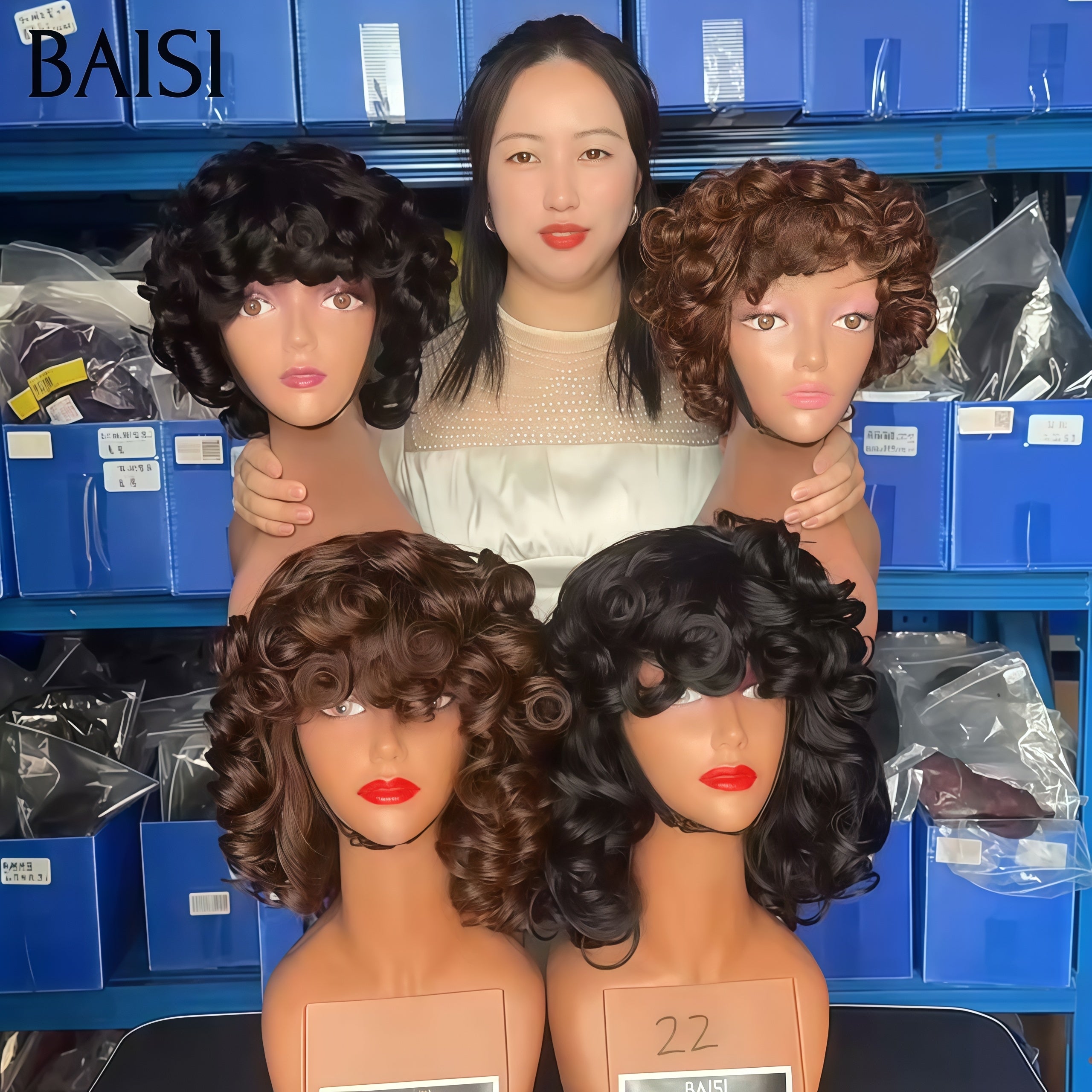 BAISI 2 Perruques 100€ 12 Pouces bouclé egg Wave avec Frange ou Volume de 300% 180€ 14 pouces  sans Colle Fabriqué à la Machine en 100% Cheveux Humains BS65