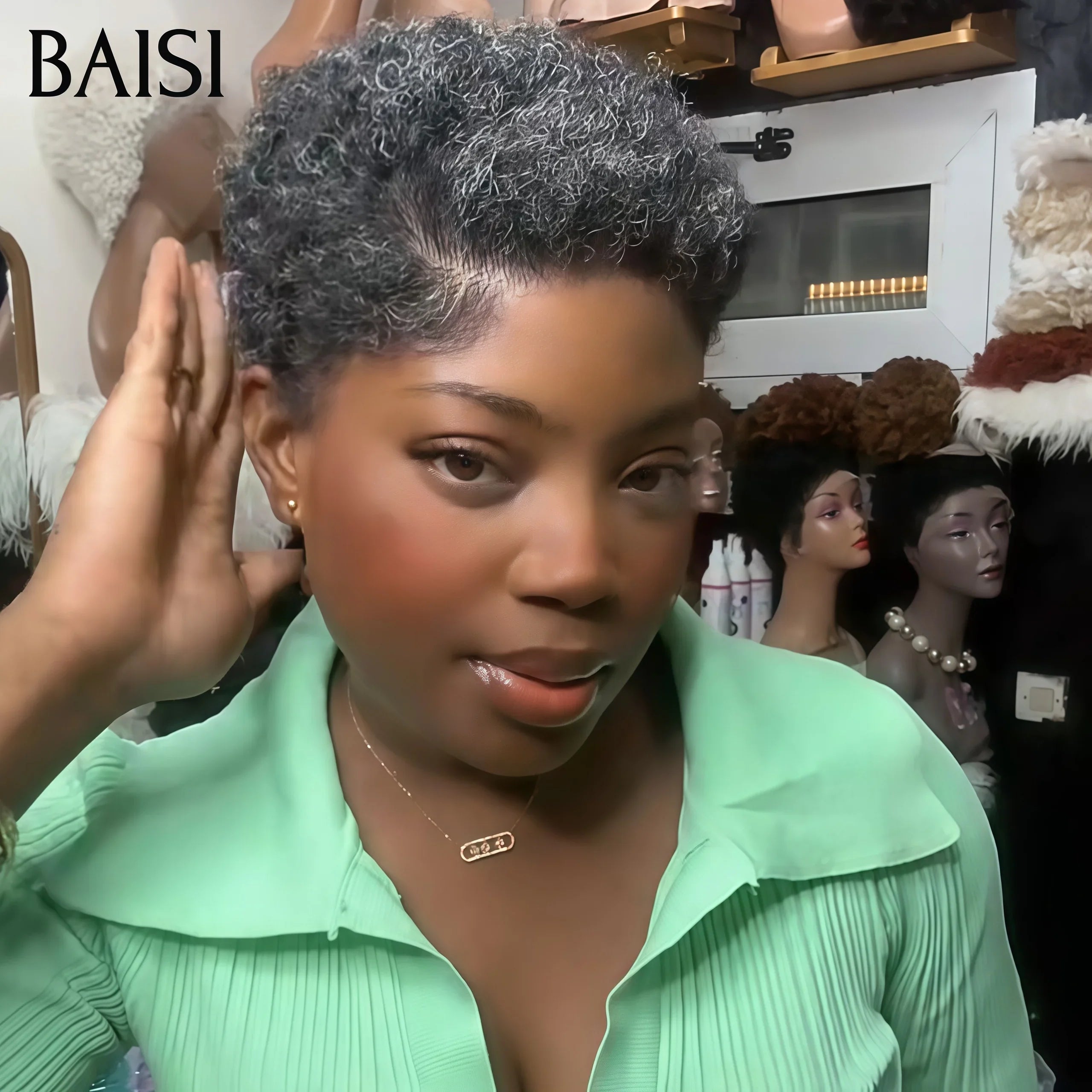BAISI Collection Perruques Poivre et Sel pixie 66€ afro curly Gris sophistiqué sans Colle Fabriqué à la Machine en 100% Cheveux Humains