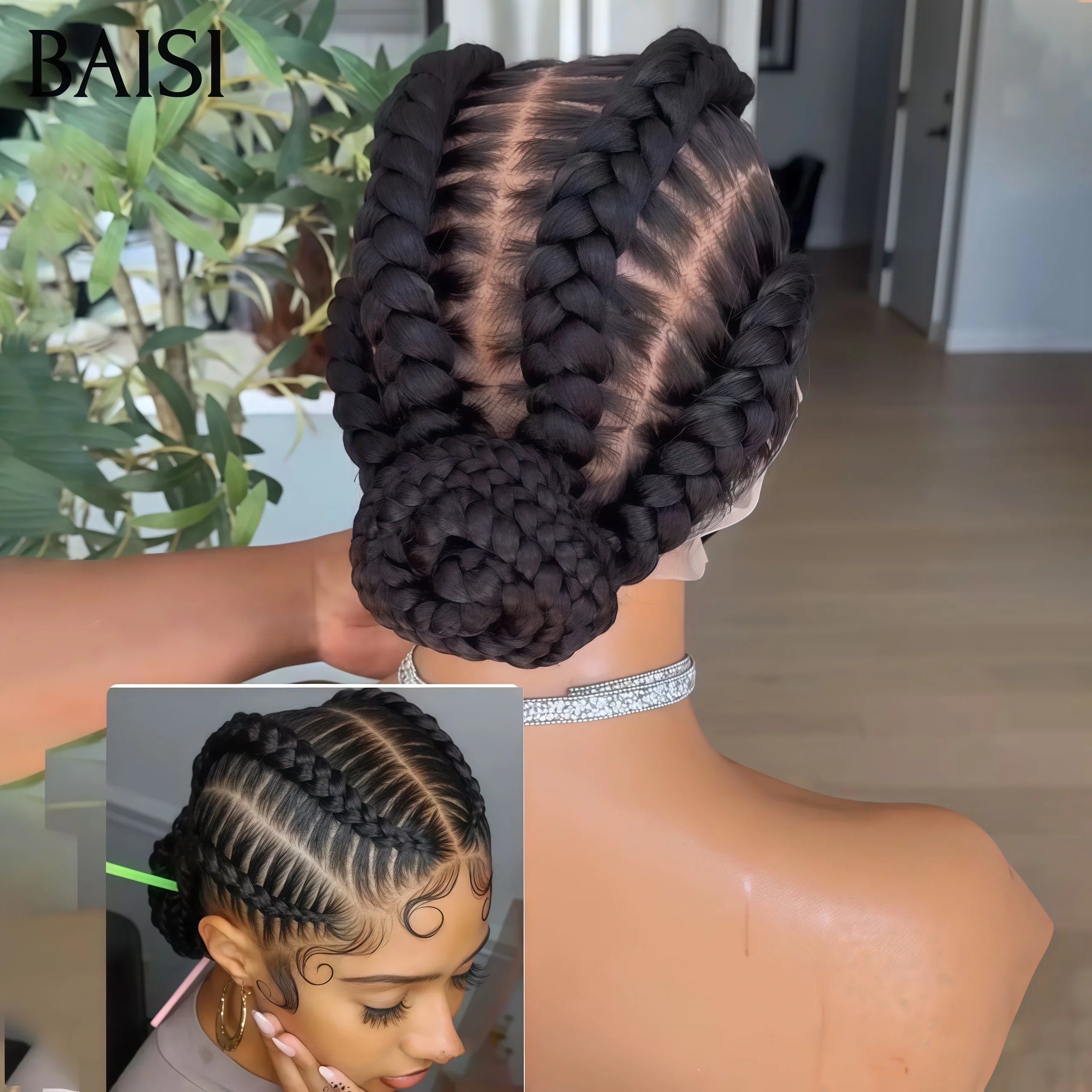 BAISI Perruques Full Lace Natte Promo 139€ avec Tresses 100% comme indiqué sur la photo NOIR En cheveux humains