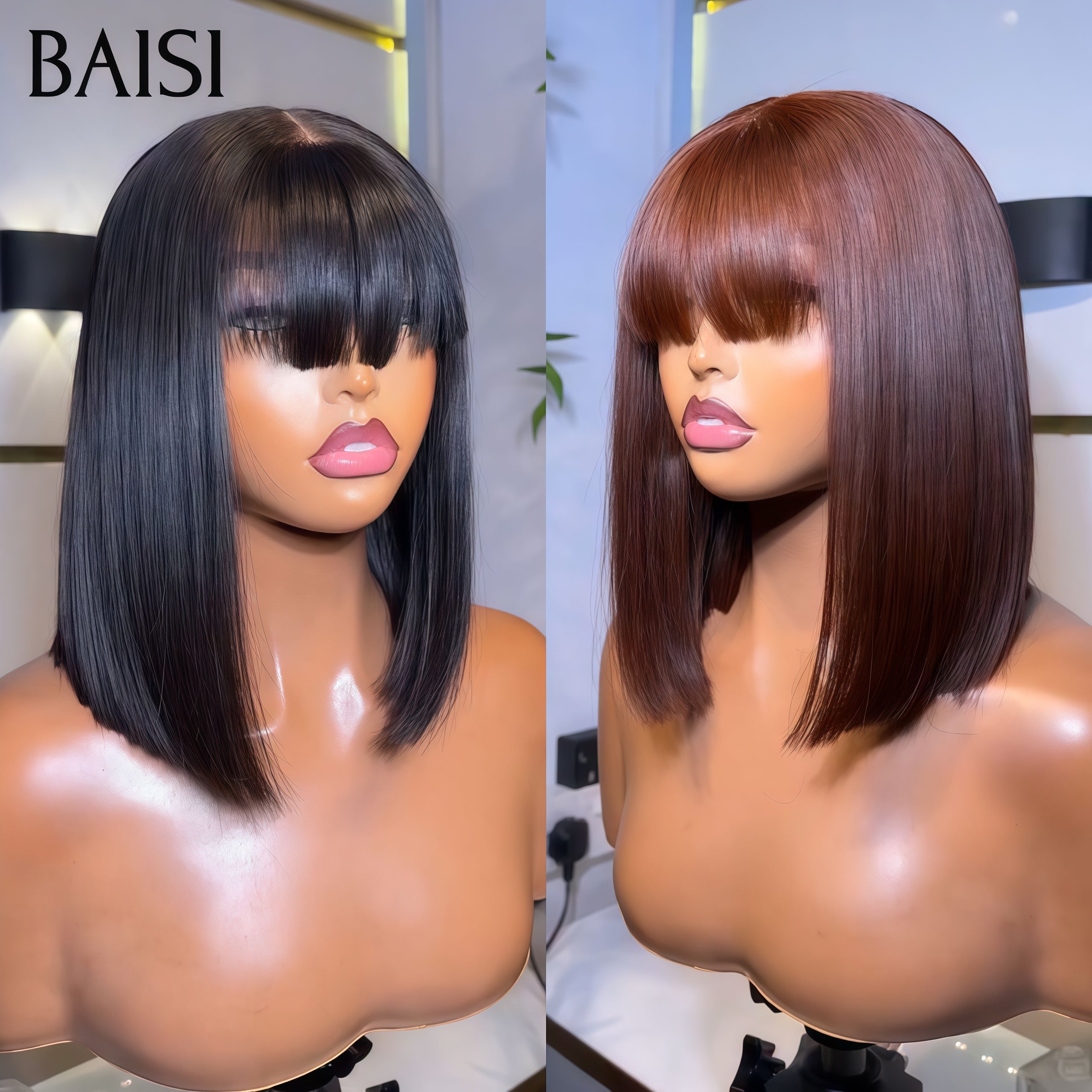 BAISI Promotion 2 perruques 129€ 8 pouce frange LIsse Marron et NOIR 100% vrais cheveux humains
