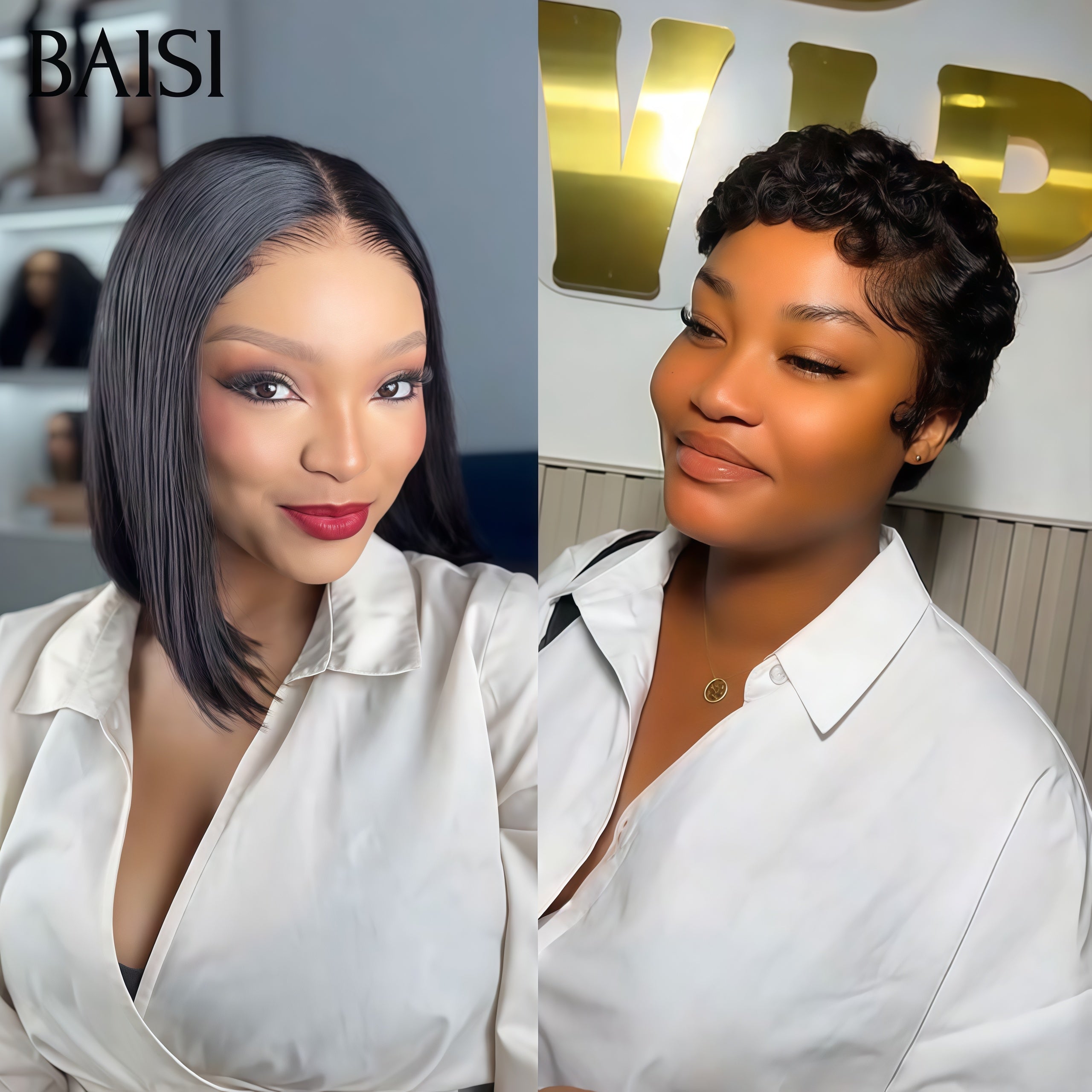 BAISI Confezione da 2 parrucche 95€ Metà prezzo 4X4 lisce NERO 10 Pollici e pixie senza colla finger wave in 100% capelli umani veri MP50
