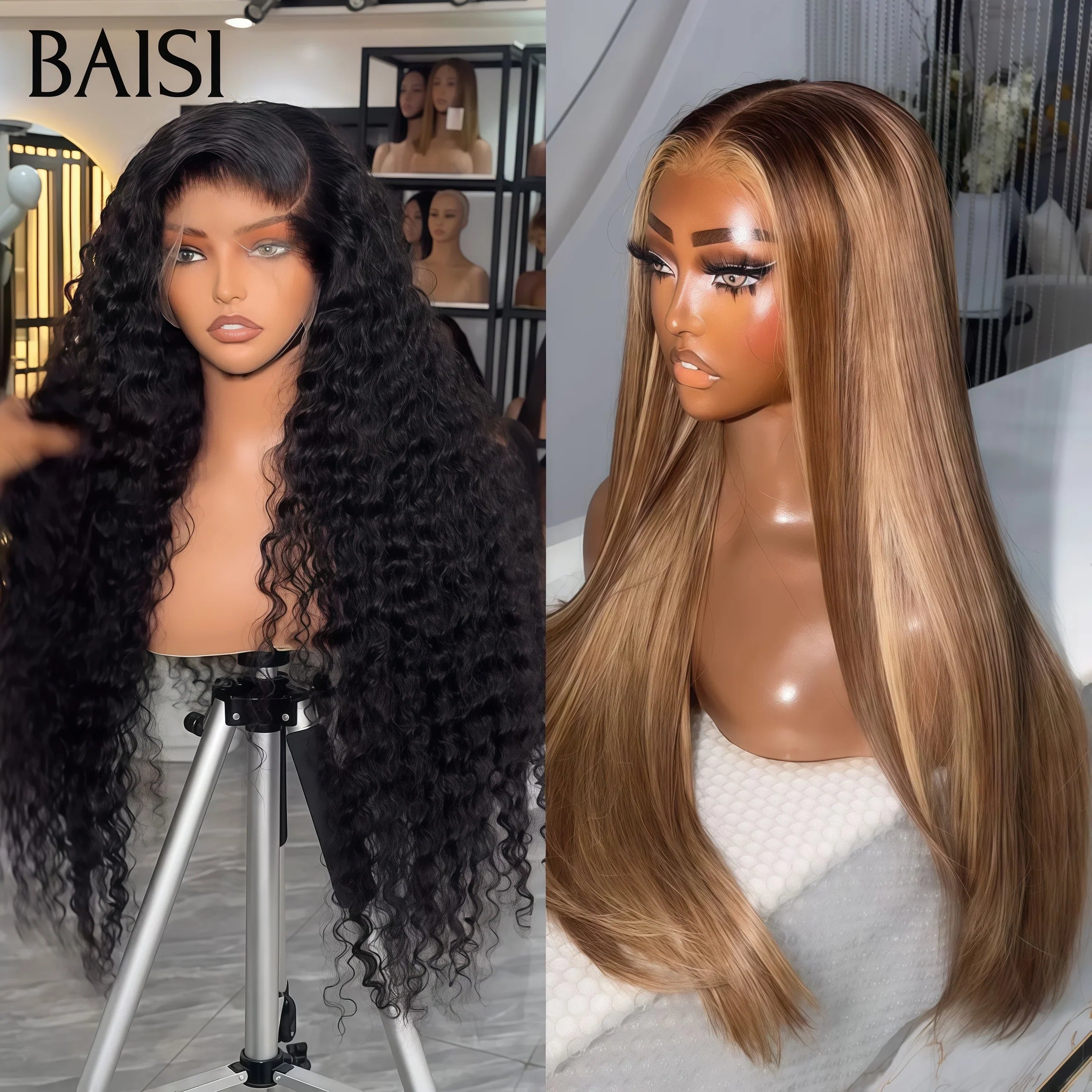 BAISI Achetez 1 + 1 Gratuite = 264€ 13X4 lace frontal Lisse  en couleur  Mixte  ou curly wave Perruque en 100% vrais cheveux humains