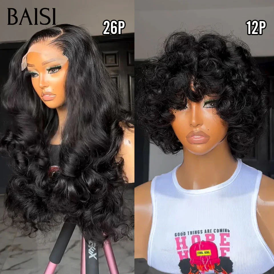 BAISI 2 perruques 80€ 13X4 lace frontal pixie curly en couleur Marron et Mixte ou 1 Acheté + 1 Gratuit 279€ 4X4 pour revendre body wave 26 pouces et sans lace egg wave avec franage 12Pouces 200% densité en 100% vrais cheveux humains BS65