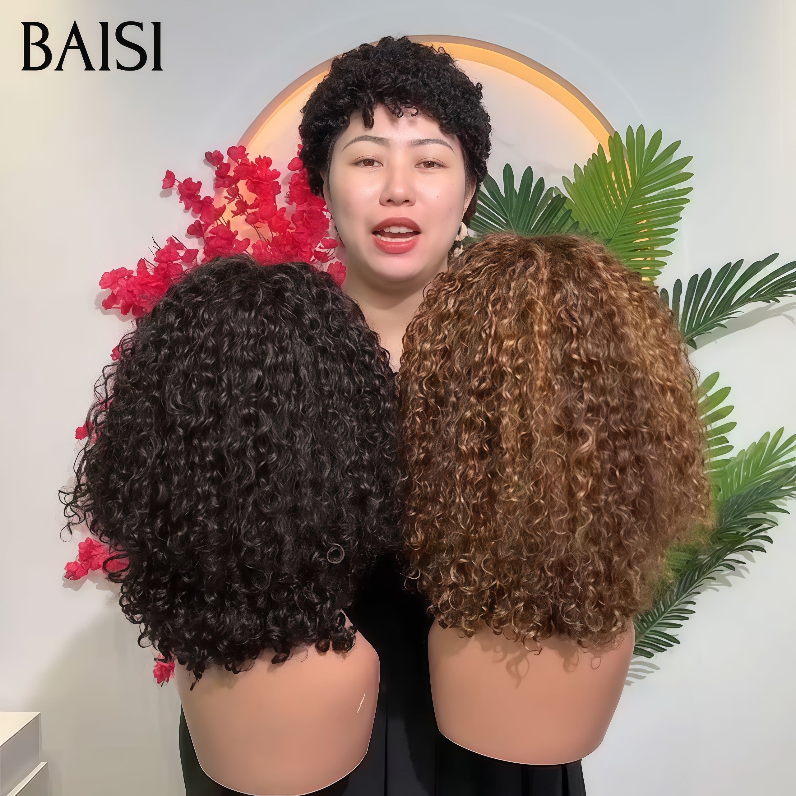 BAISI  PROMOTION  2 perruques Vente en gros 13X4 lace frontal  curly wave NOIR et 4x4 lace closure Mixte Marron 100% vrais cheveux humains