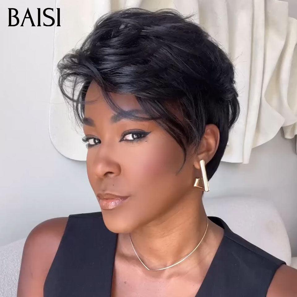 BAISI Achetez 1 + 1 Gratuite = 159€  Bob curly wave avec Frange et pixie Lisse ou Perruque Pixie Finger Wave petite coupe fabriqué à la machine 57€ En 100% Cheveux Humains