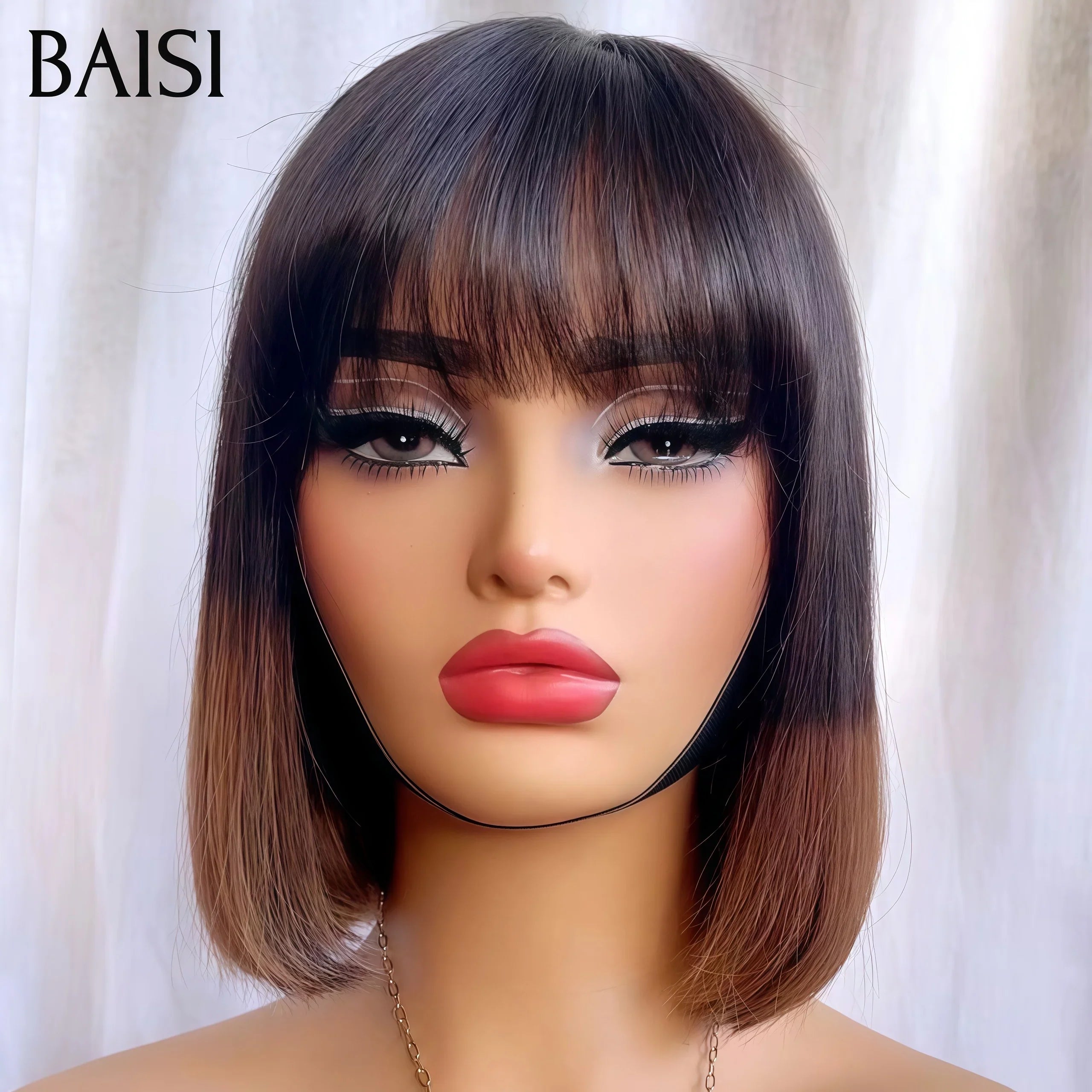 BAISI  Lisse BOB avec Frange 78€ Personnalisation des couleurs Marron avec racine 1BT4# en 100% vrais cheveux humains FR38