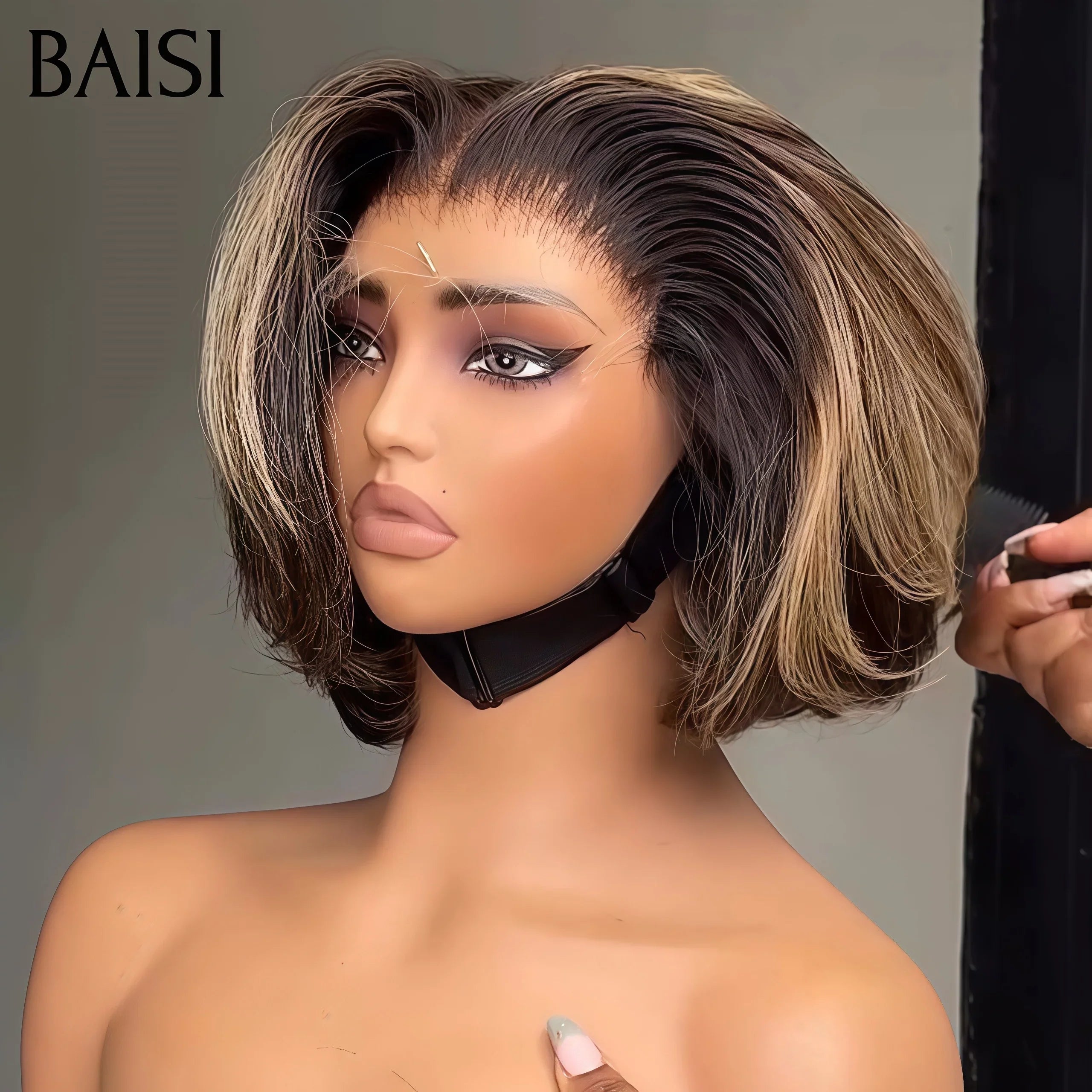 BAISI Achetez 2 perruques minimum au prix d'usine fournisseur 13X4 Lisse Bob 10 Pouces Mixte ou pixie couleurs mixte 1B#4#613# san colle san lace  Fabriquée A La Machine-1087