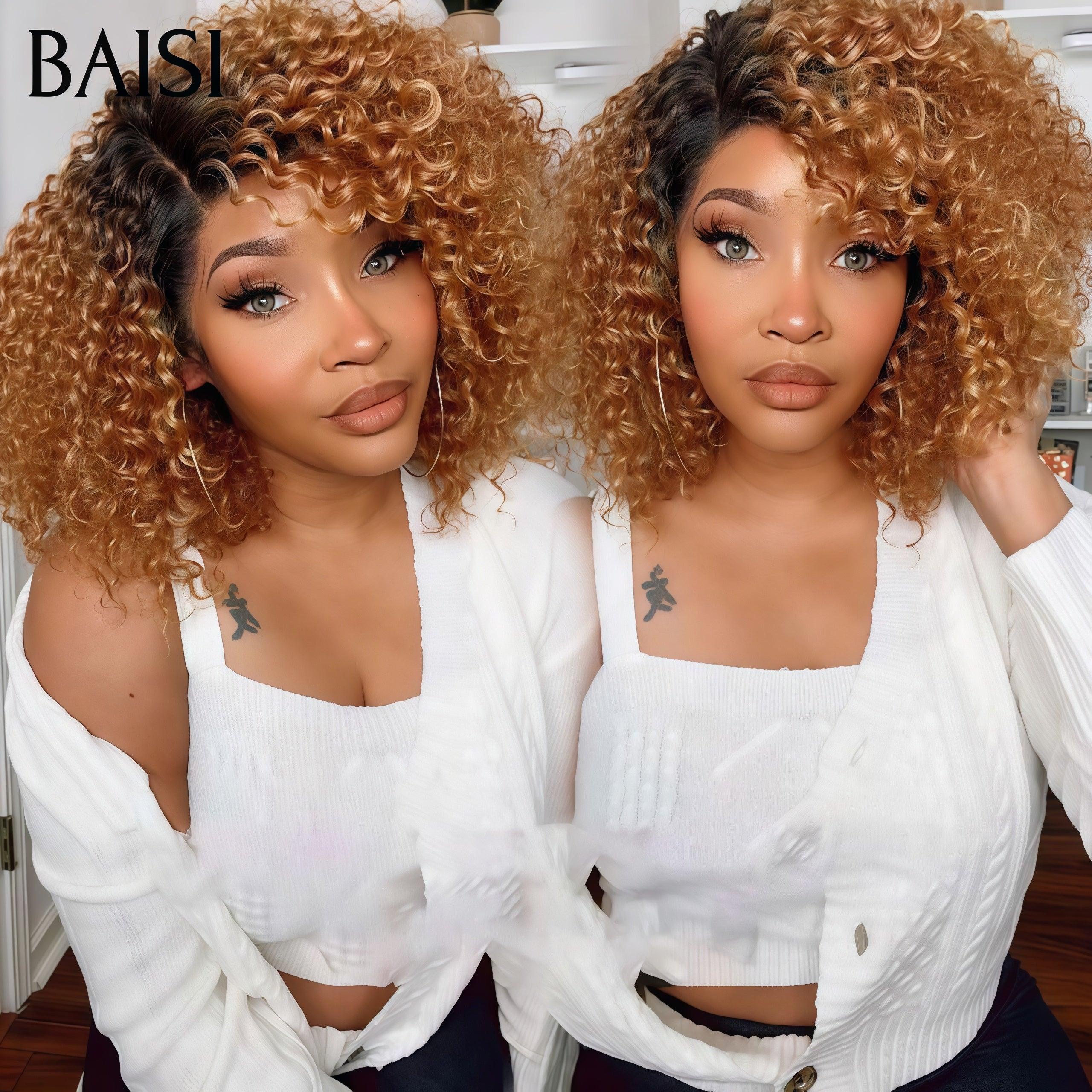 BAISI  2 Perruques pour revendre  T-part lace afro curl 1BT30# 12 Pouces ou 4X4 lace Lisse NOIR 10 Pouces 200% densité en 100% vrais cheveux humains