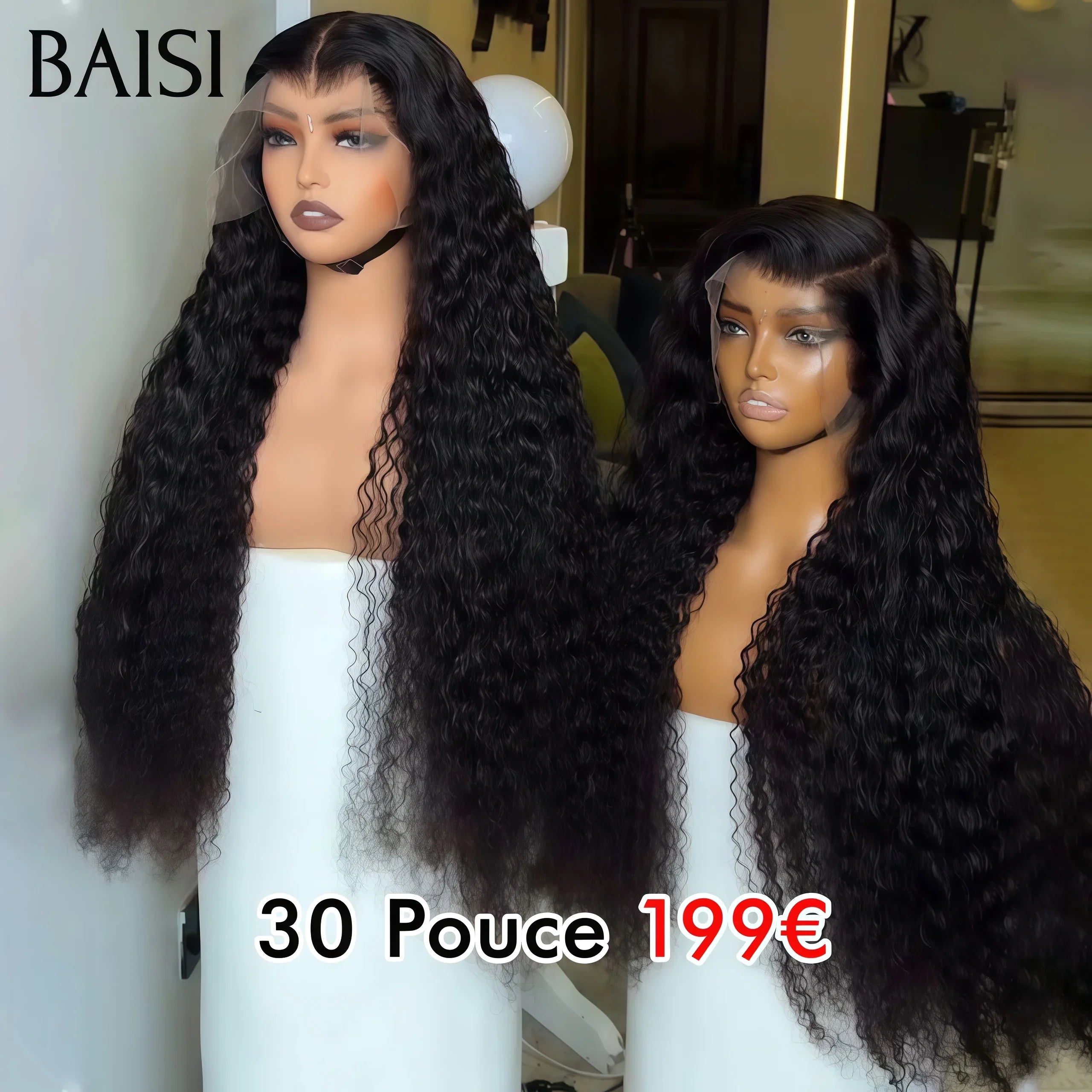 BAISI Flash Offer PROMOTION 30 Pouce 199€ 13x4 Lace Frontale Lace Perruque 1B# Bouclé Curly wave 100% Cheveux Humains FR38