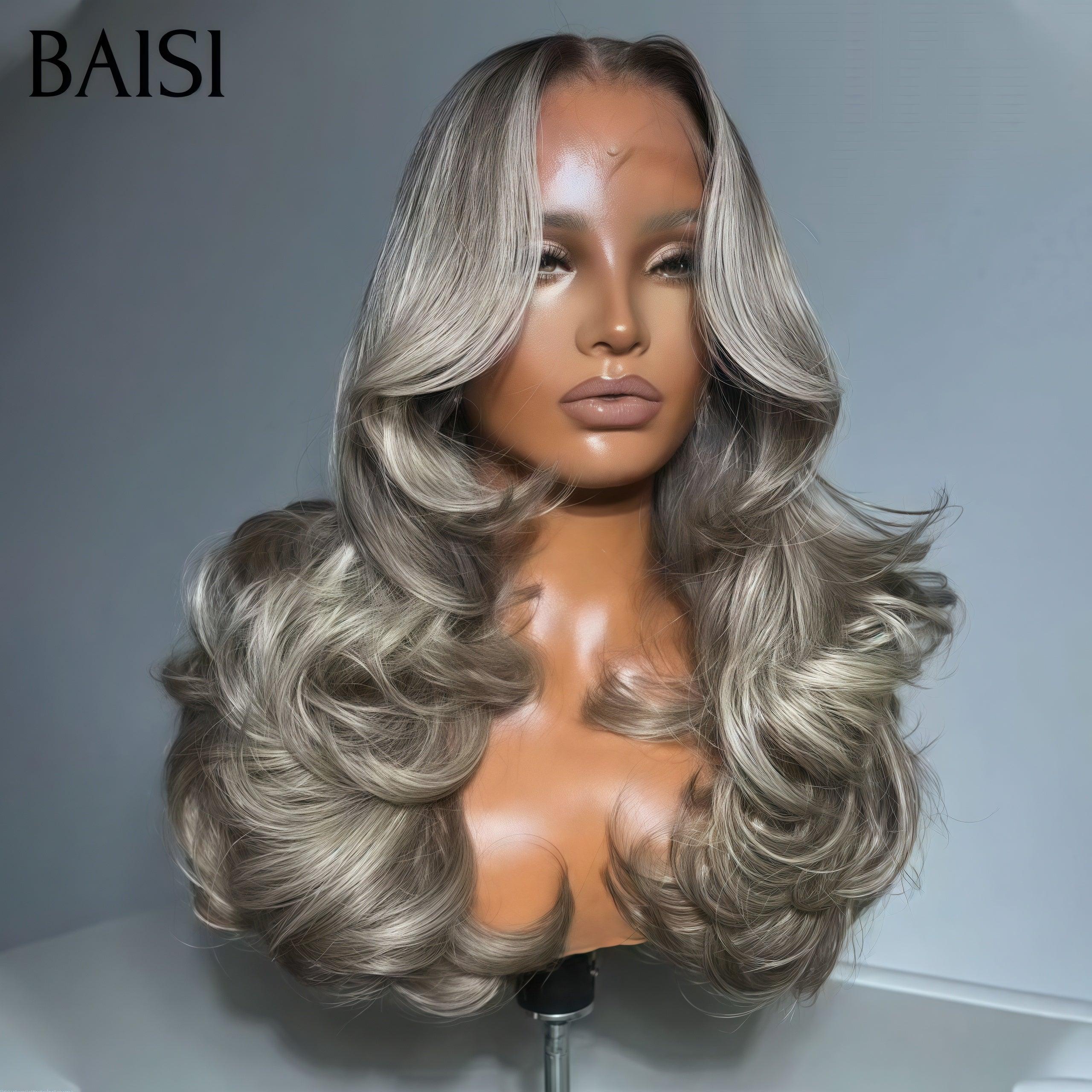 BAISI Collection Poivre et Sel 13X4 lace Perruque Body wave En Couleur personnalisées Gris Mixte 100% CHEVEUX HUMAINS