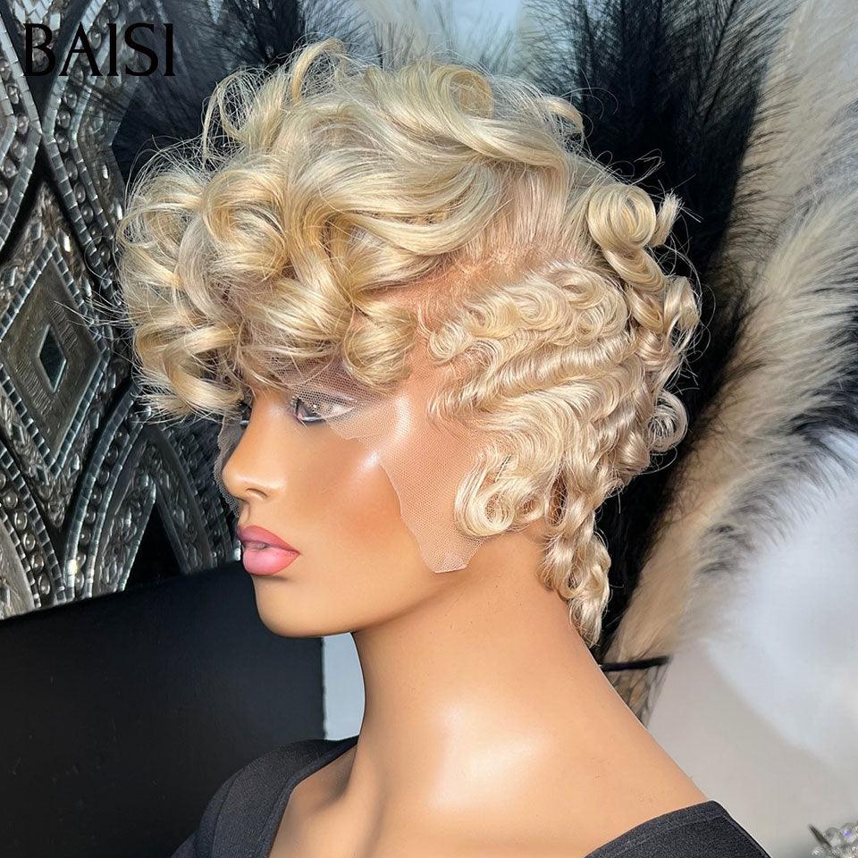 BAISI Perruque Full Lace 100% Cheveux Naturels Full Lace Perruque Pixie Naturelle Wave petite coupe en Couleur blonde 613# en 100% cheveux humains BS60
