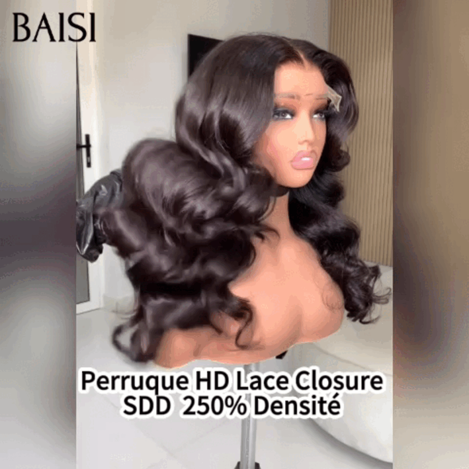 BAISI 5x5 HD lace Invisible  Perruque Body wave 250% Densité en Noir en 100% Cheveux Humains