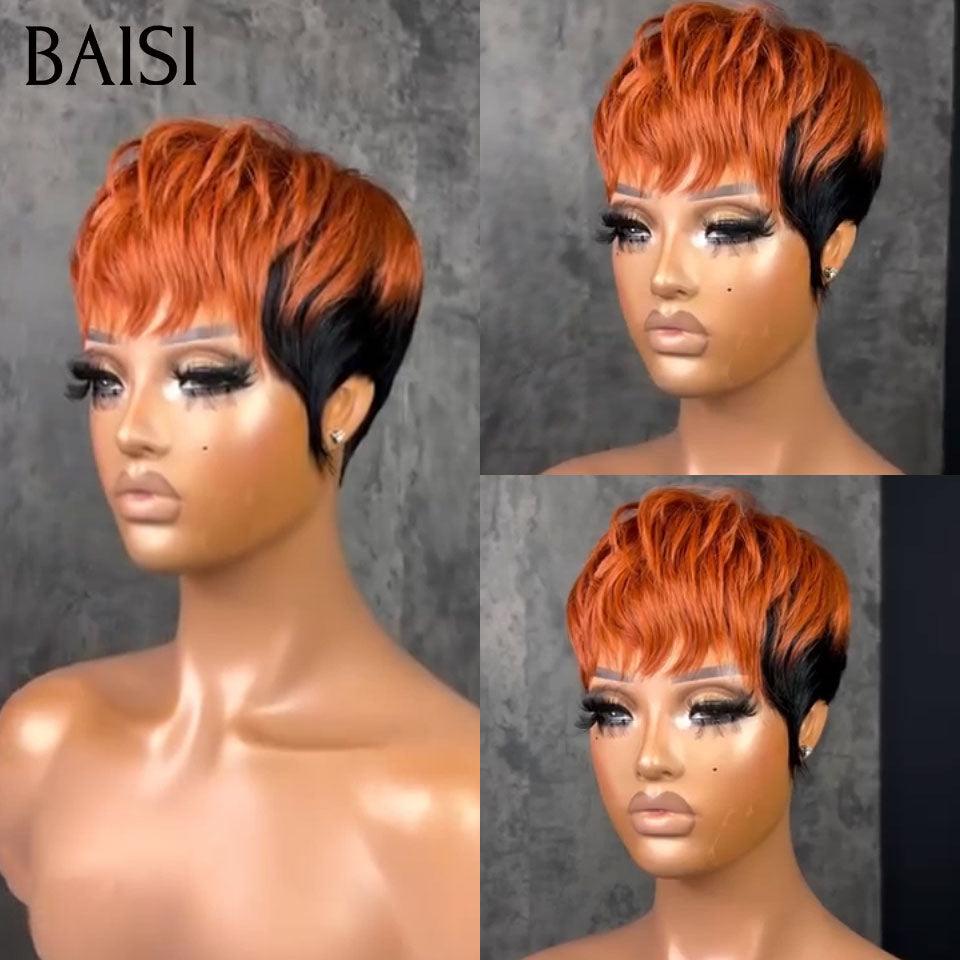 BAISI Perruque 4 Pixie Lisse en 4 couleurs orange ou marron ou blonde ou gris moitié prix sans colle sans lace  100% Cheveux Humains Fabriqué à la Machine MP50