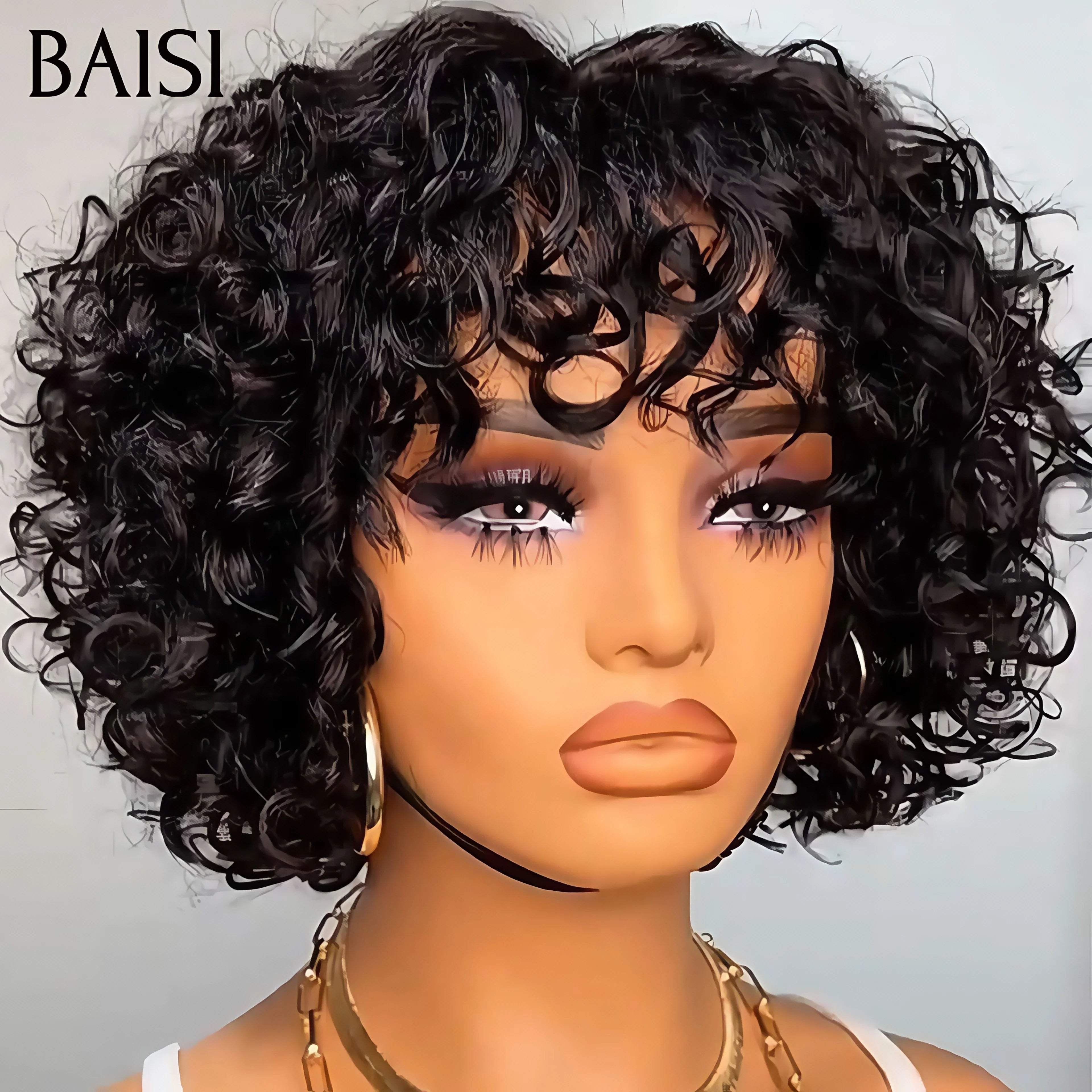BAISI bouclé Wave avec Frange sans Colle 66€ ou 5X5  Perruque pixie Vague curly En Couleur Noir et Miel 1B-27# 95.99€ en 100% Cheveux Humains