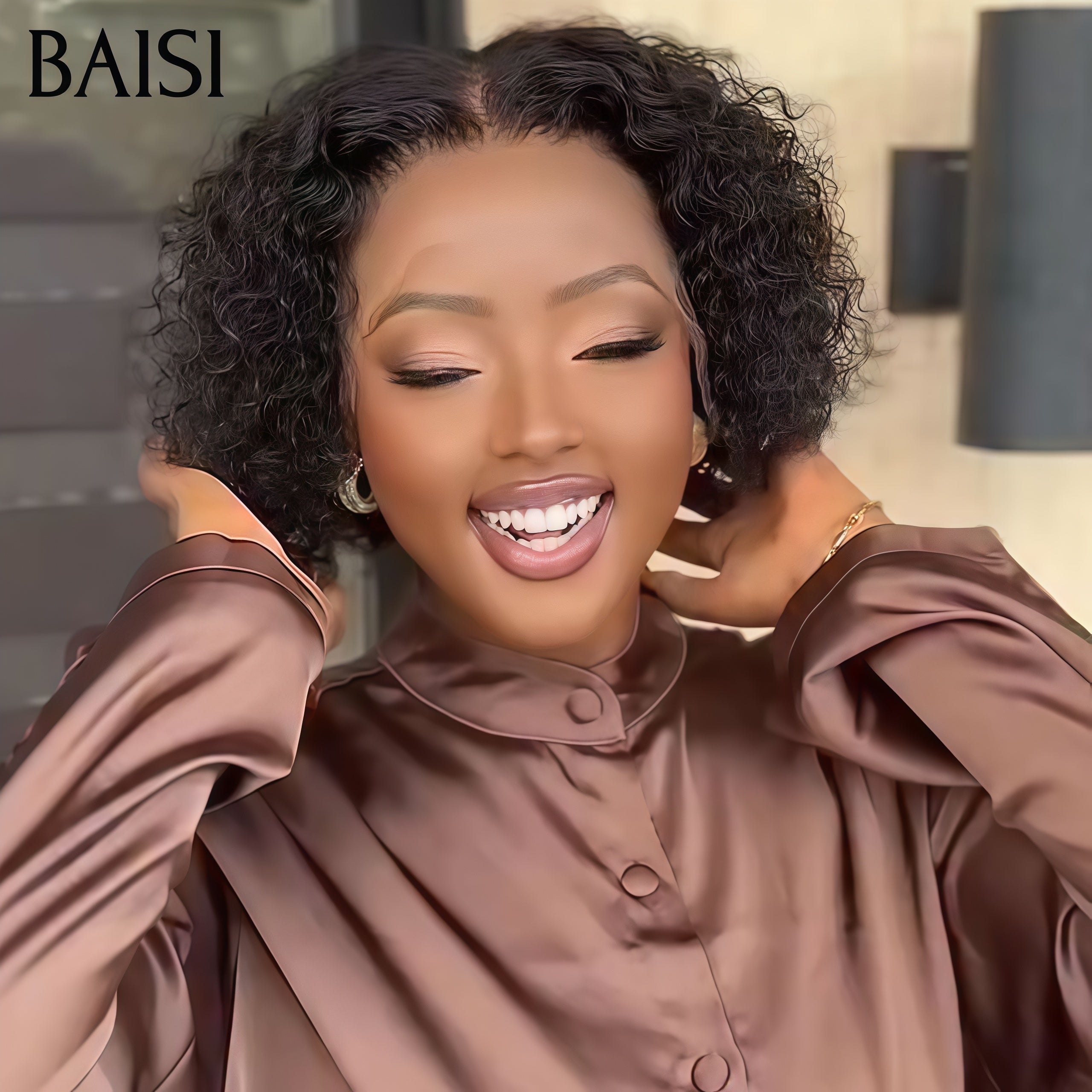 BAISI 13X4 Pixie Frontal Wig Curly Wave 6 Inch €49 or Kinky Curly Bob 8 Inch in Colors, 100% Human Hair