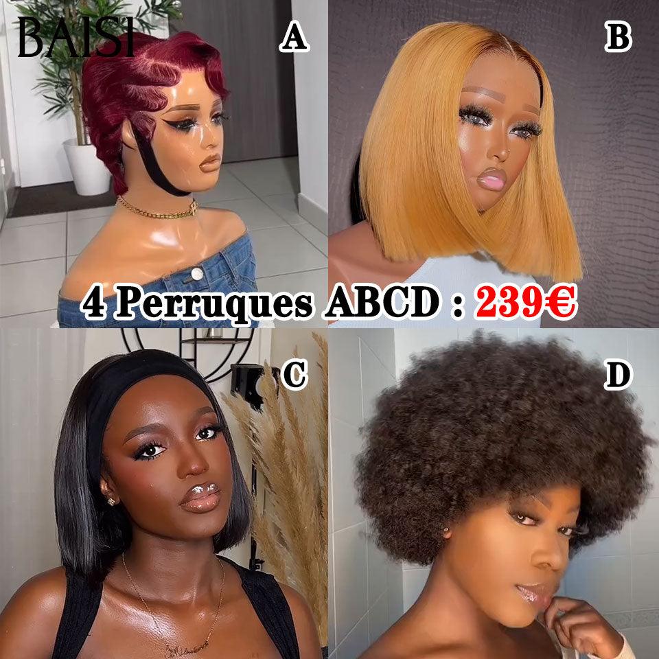 BAISI 4 Perruques 239€ 13X4 pixie 99J# et 2x6 Lisse 8 Pouces et sans Colle afro curly ou pixie curly wave sans lace sans colle  Noir 58€ en 100% Cheveux Humains