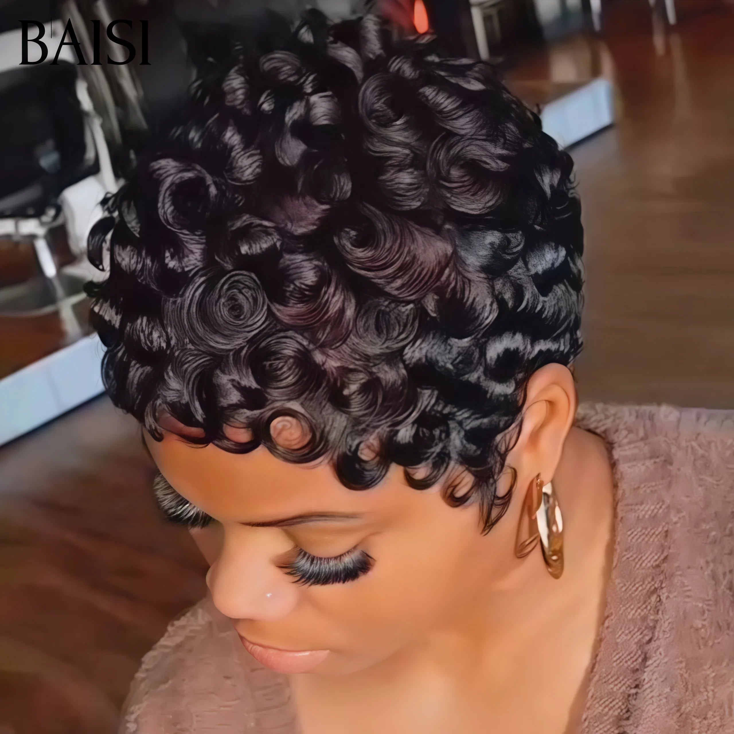 BAISI Offre Flash 48€ Perruque Pixie Finger Wave petite coupe fabriqué à la machine En 100% Cheveux Humains