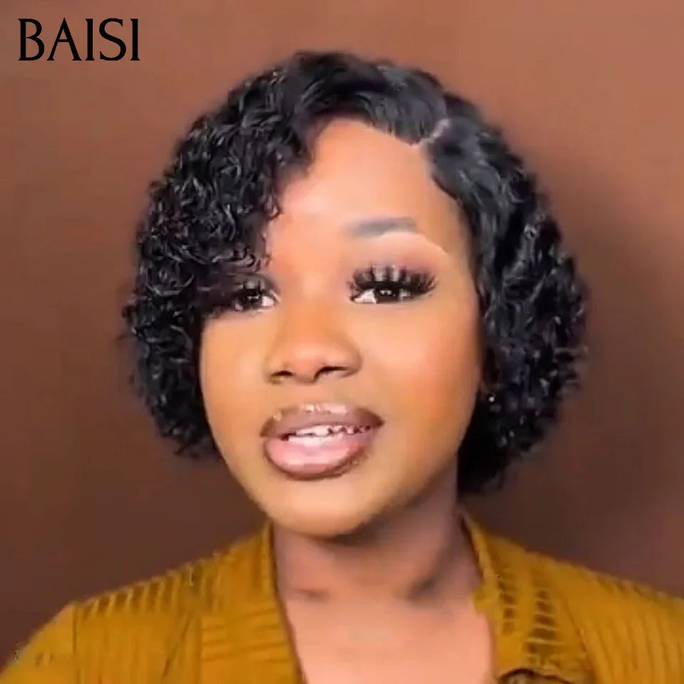 BAISI Perruque 4X4 lace Raie sur le côté en couleur NOIR water wave 10 Pouces 76€ en 100% Cheveux Humains FR40