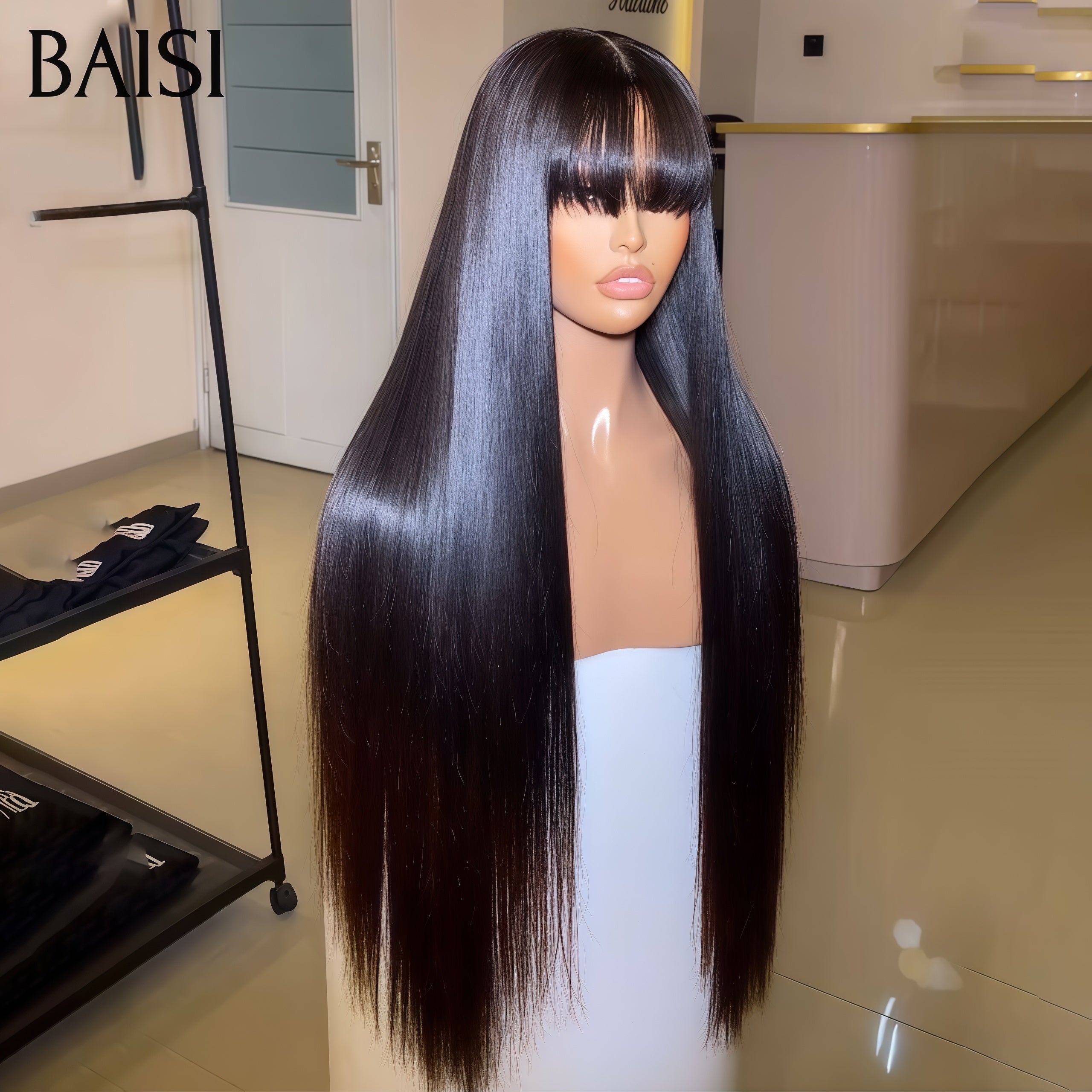 BAISI 13X4 frontal em renda liso com franja PRETA ou peruca lisa castanha #4 FRANJA FABRICADA À MÁQUINA