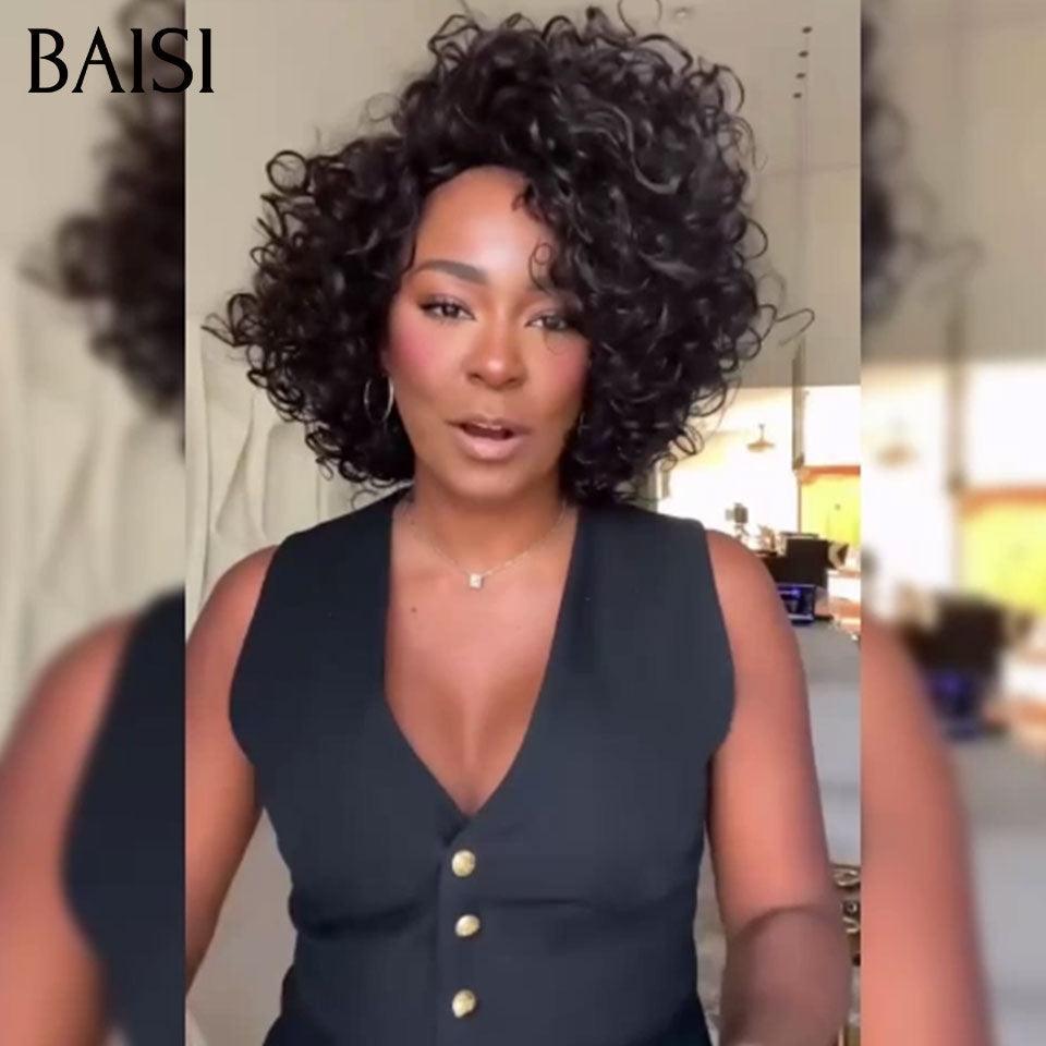 BAISI Promo sans Colle pixie curl 55€ ou 86€ 10 Pouces Perruque Bouclée Water Wave Sans Lace Sans Colle en 100% Cheveux Humains Fabriqué à la Machine