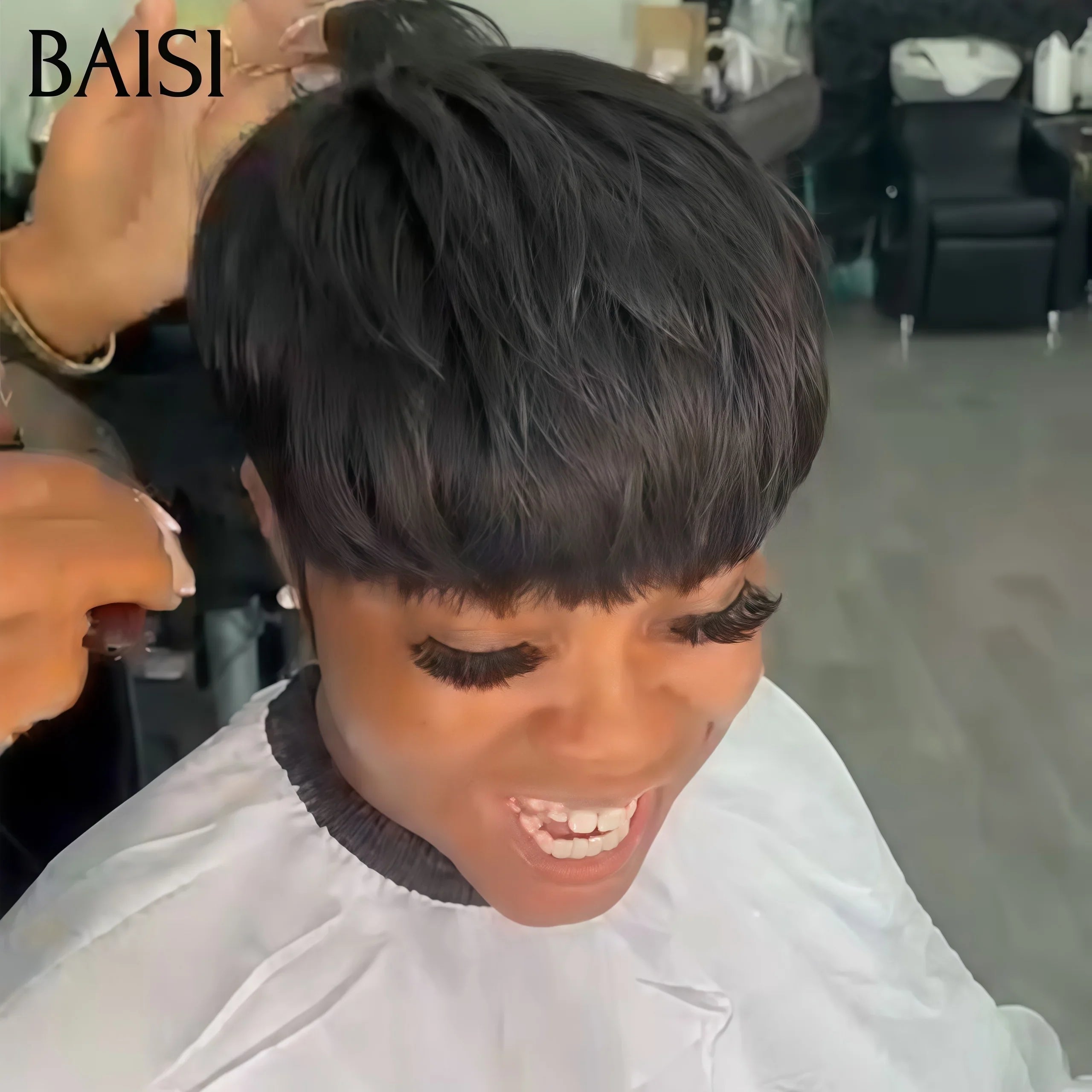 BAISI peruca sem cola, fabricada à máquina, preto pixie 58€ ou peruca Pixie Finger Wave 13X4, corte curto em rosa 88€, 100% cabelo humano