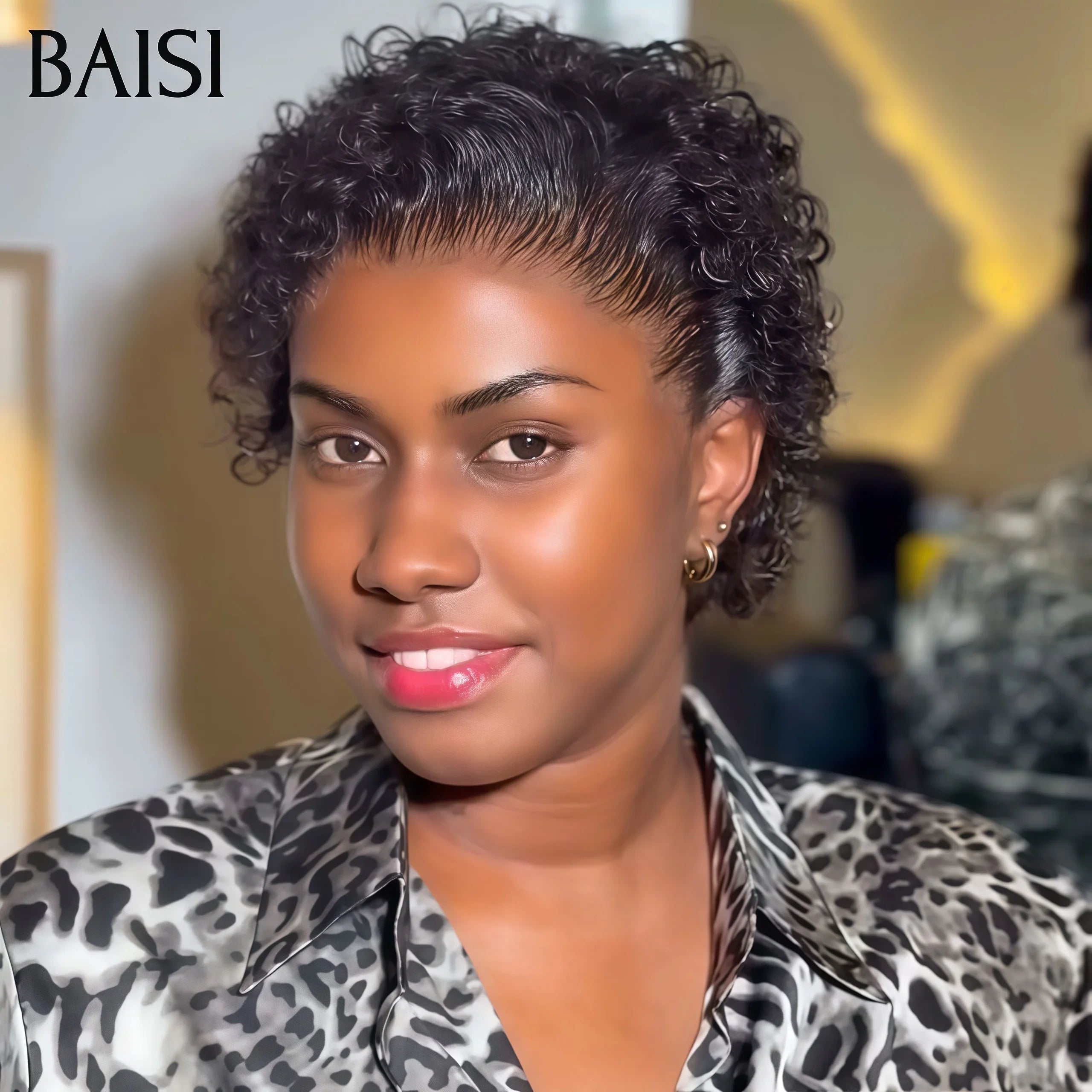 BAISI FLORENCE Parrucca Pixie Cut Lace Frontal 13X4 pizzo NERO o 13x1 Riccia 4/27 Marrone in 100% Capelli Umani Veri C