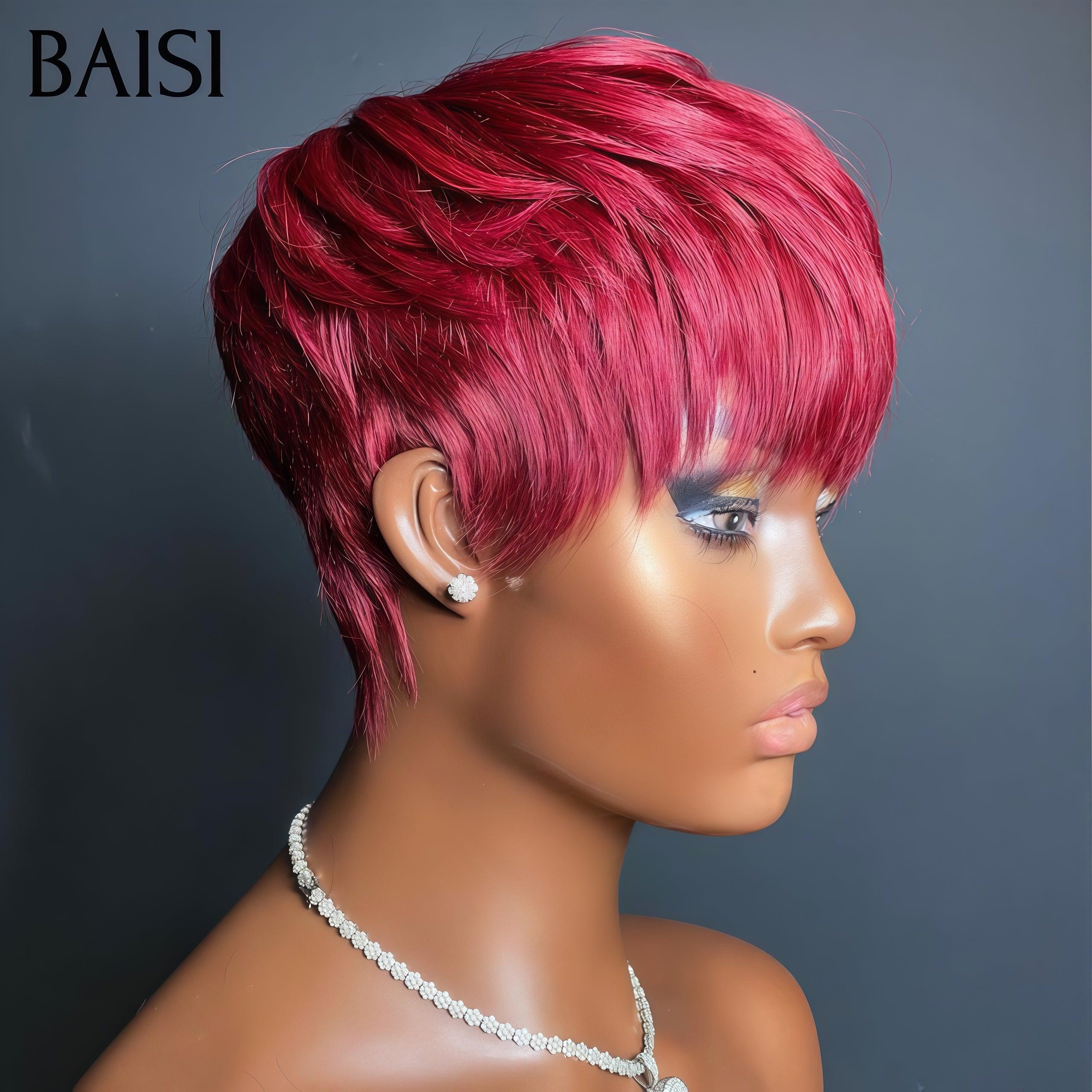 BAISI Achetez 2 perruques minimum au prix d'usine fournisseur perruque pixie finger wave ou Lisse 99J# ou bouclé curly sans colle sans lace ou afro curl avec frange en noir 10 Pouces en 100% vrais cheveux humains