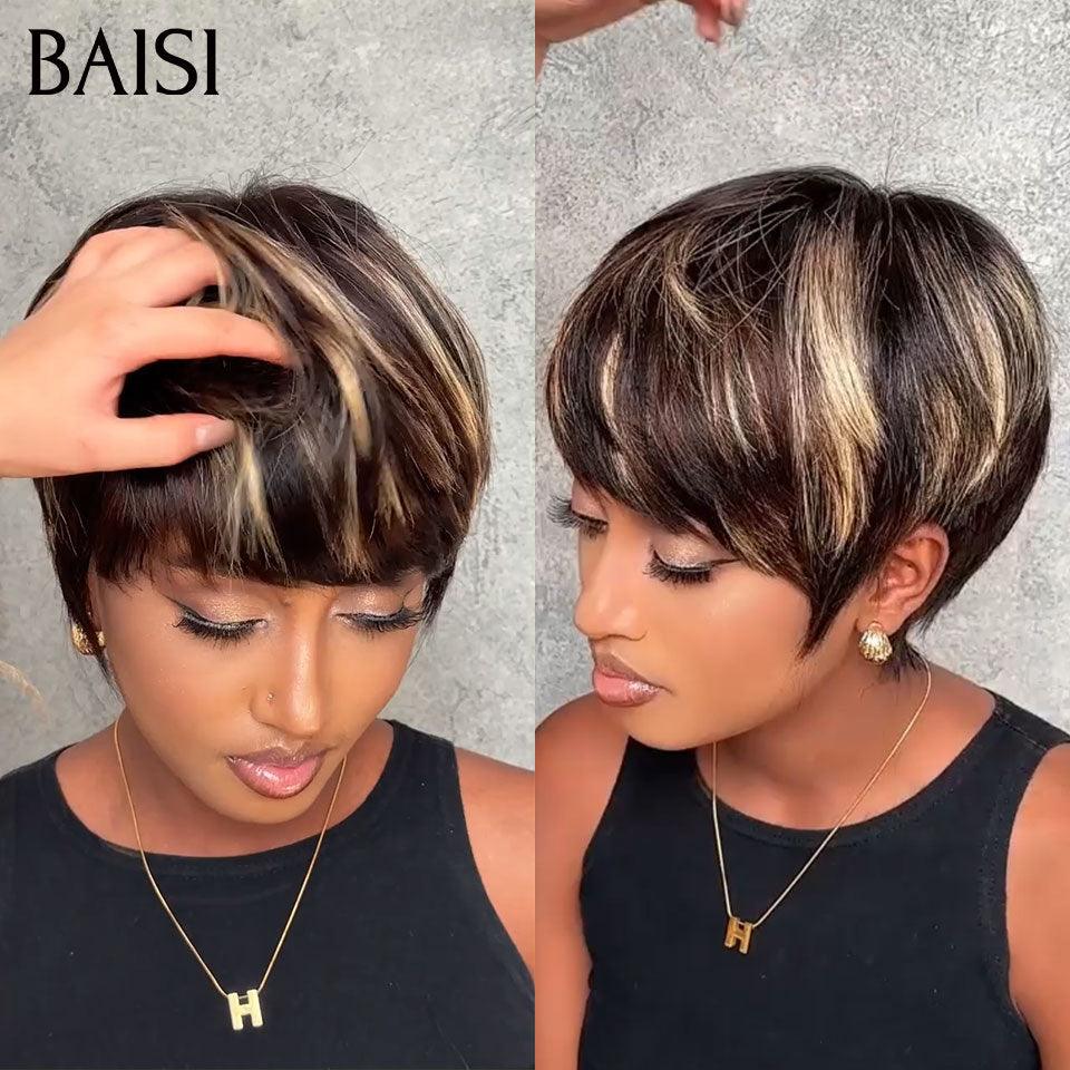 BAISI Perruque Pixie Lisse en couleur Mixte 58€ moitié prix sans colle sans lace  100% Cheveux Humains Fabriqué à la Machine MP50