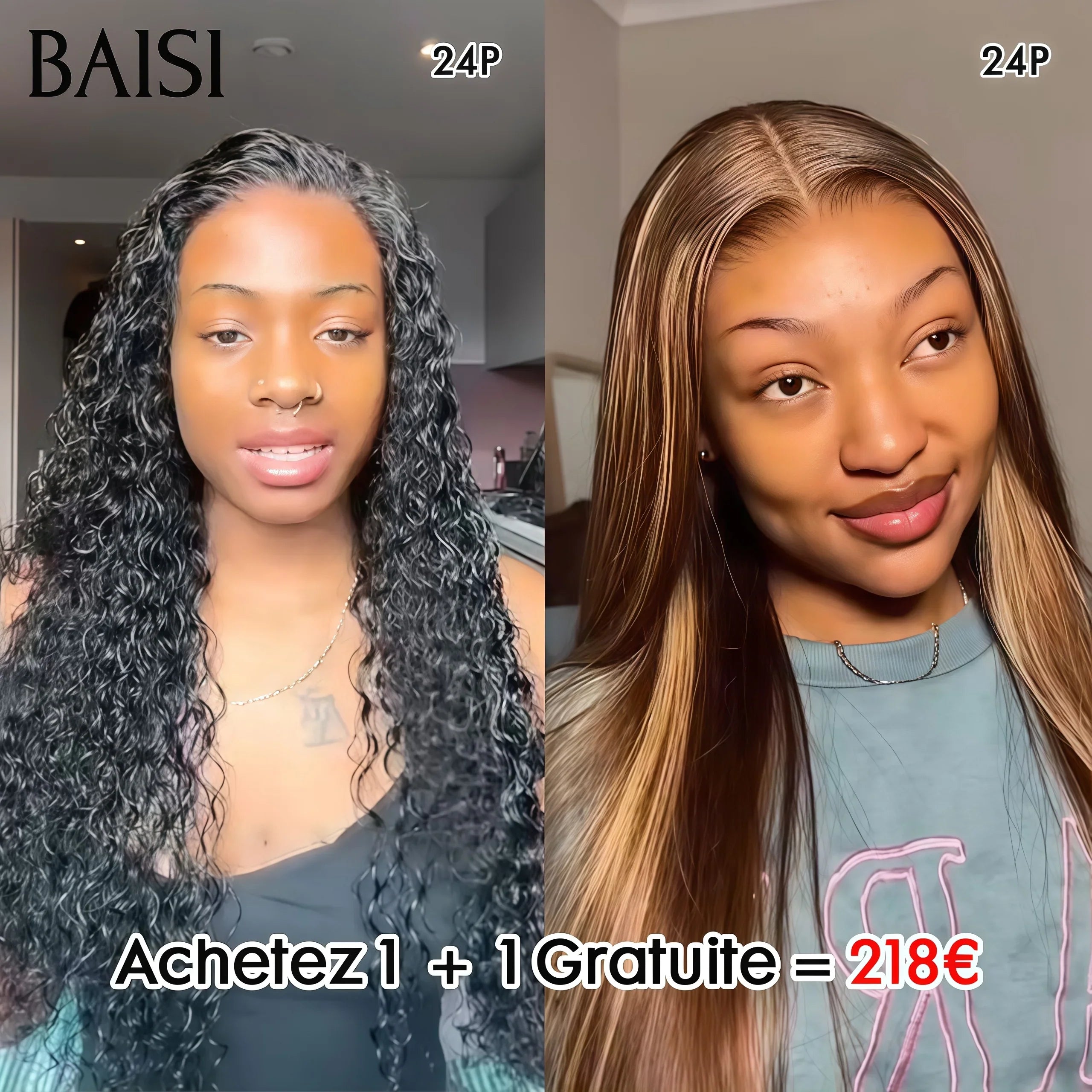 BAISI 2 Wigs WITHOUT glue Body wave and curly wave to resell €275 18 inches in 100% real human hair VIP100